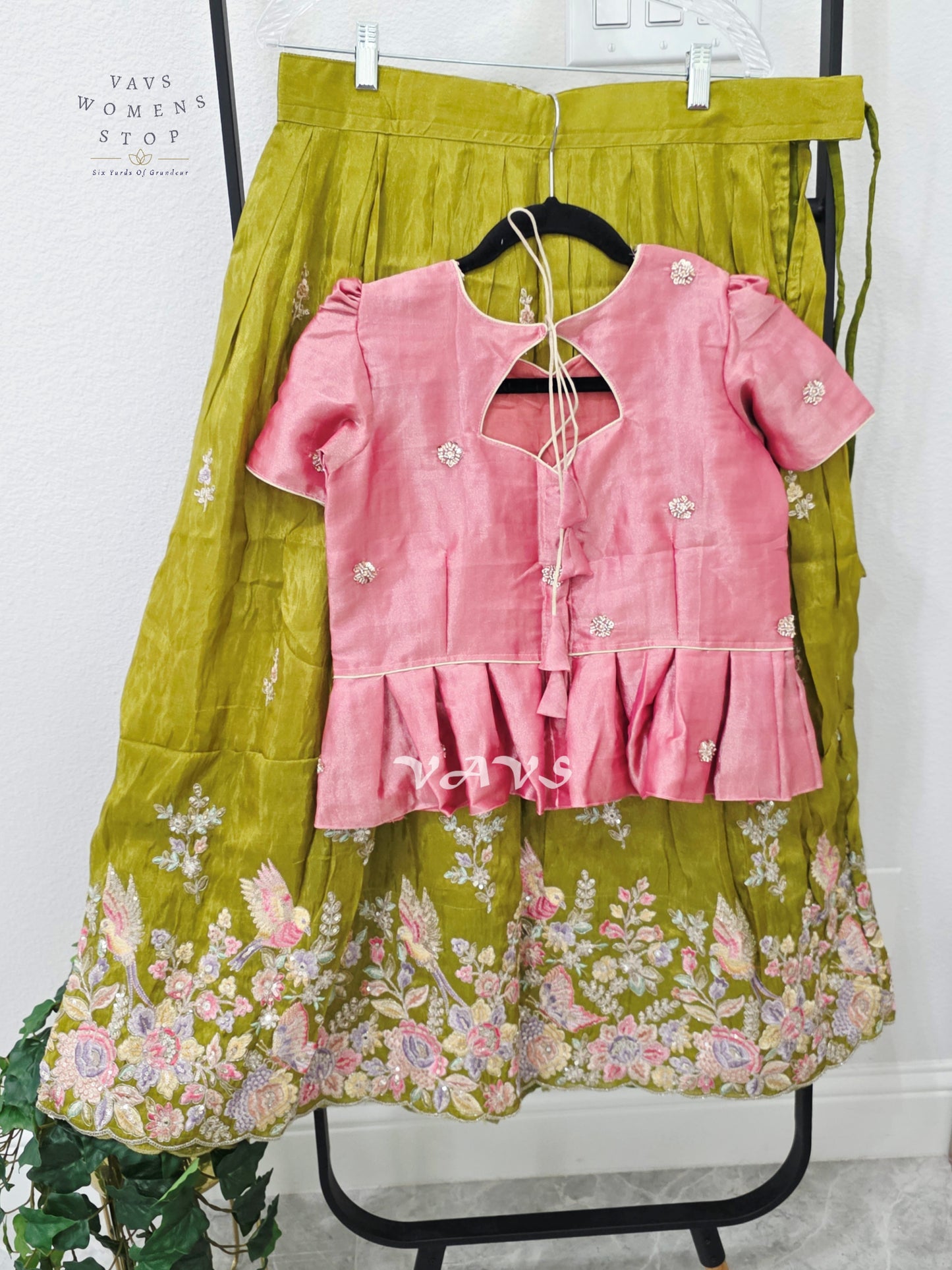 Antique Chartreuse Green Crepe Silk Tissue Embroidered Lehenga with Rose Pink Crop Top – Girls 11–12