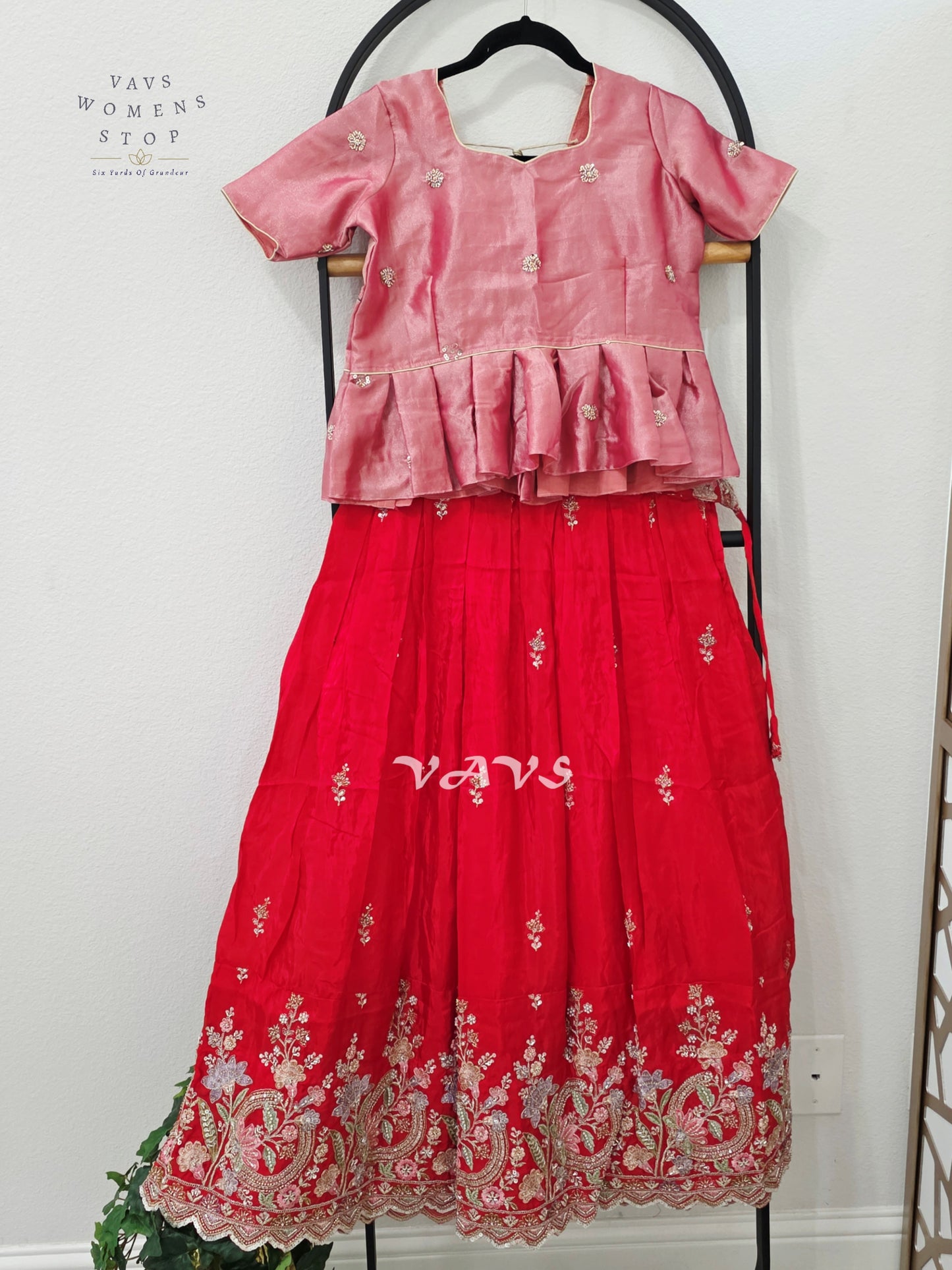 Vermilion Red Crepe Silk Embroidered Lehenga Set with Rose Pink Tissue Crop Top – Girls 12–13 Years