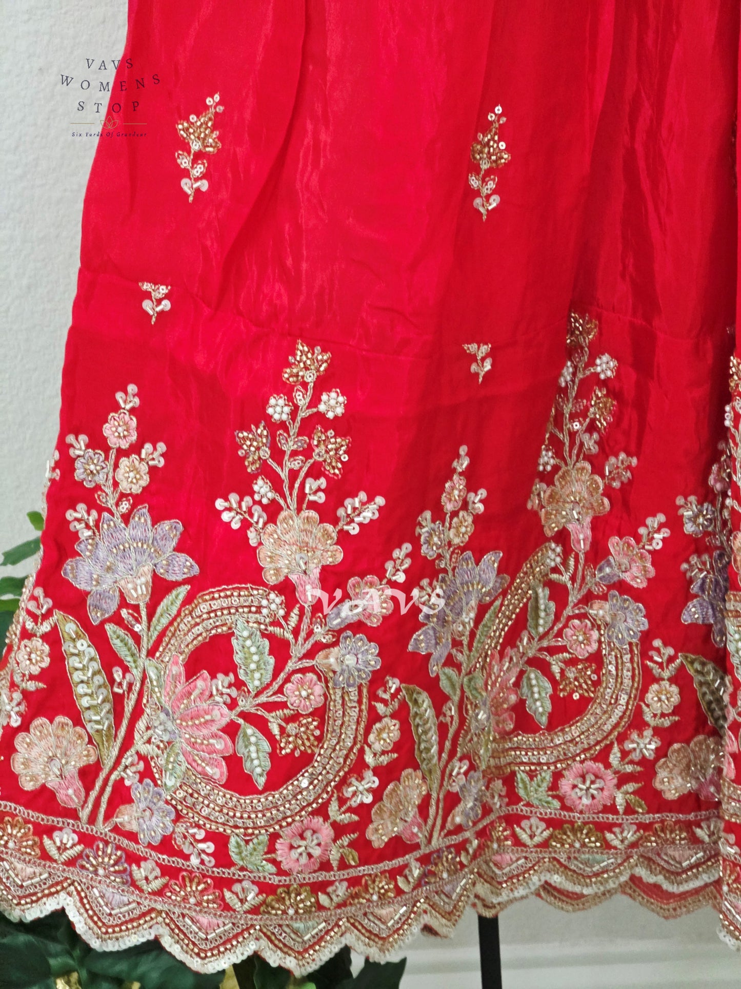 Vermilion Red Crepe Silk Embroidered Lehenga Set with Rose Pink Tissue Crop Top – Girls 12–13 Years