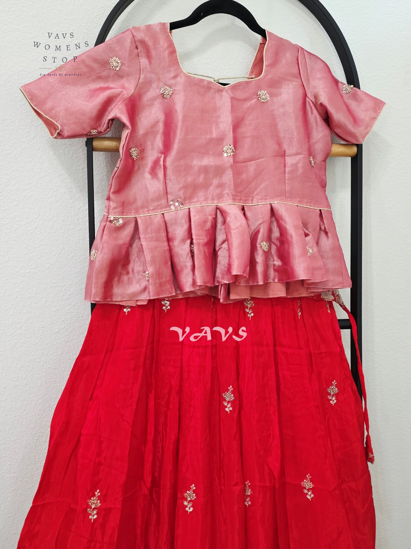 Vermilion Red Crepe Silk Embroidered Lehenga Set with Rose Pink Tissue Crop Top – Girls 12–13 Years