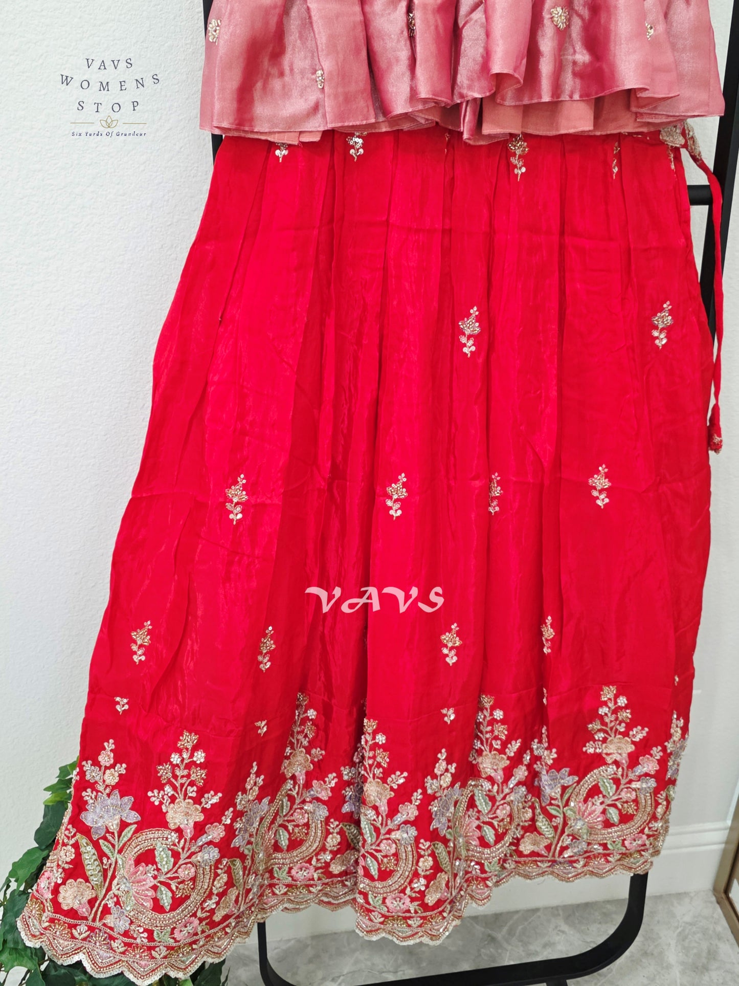Vermilion Red Crepe Silk Embroidered Lehenga Set with Rose Pink Tissue Crop Top – Girls 12–13 Years