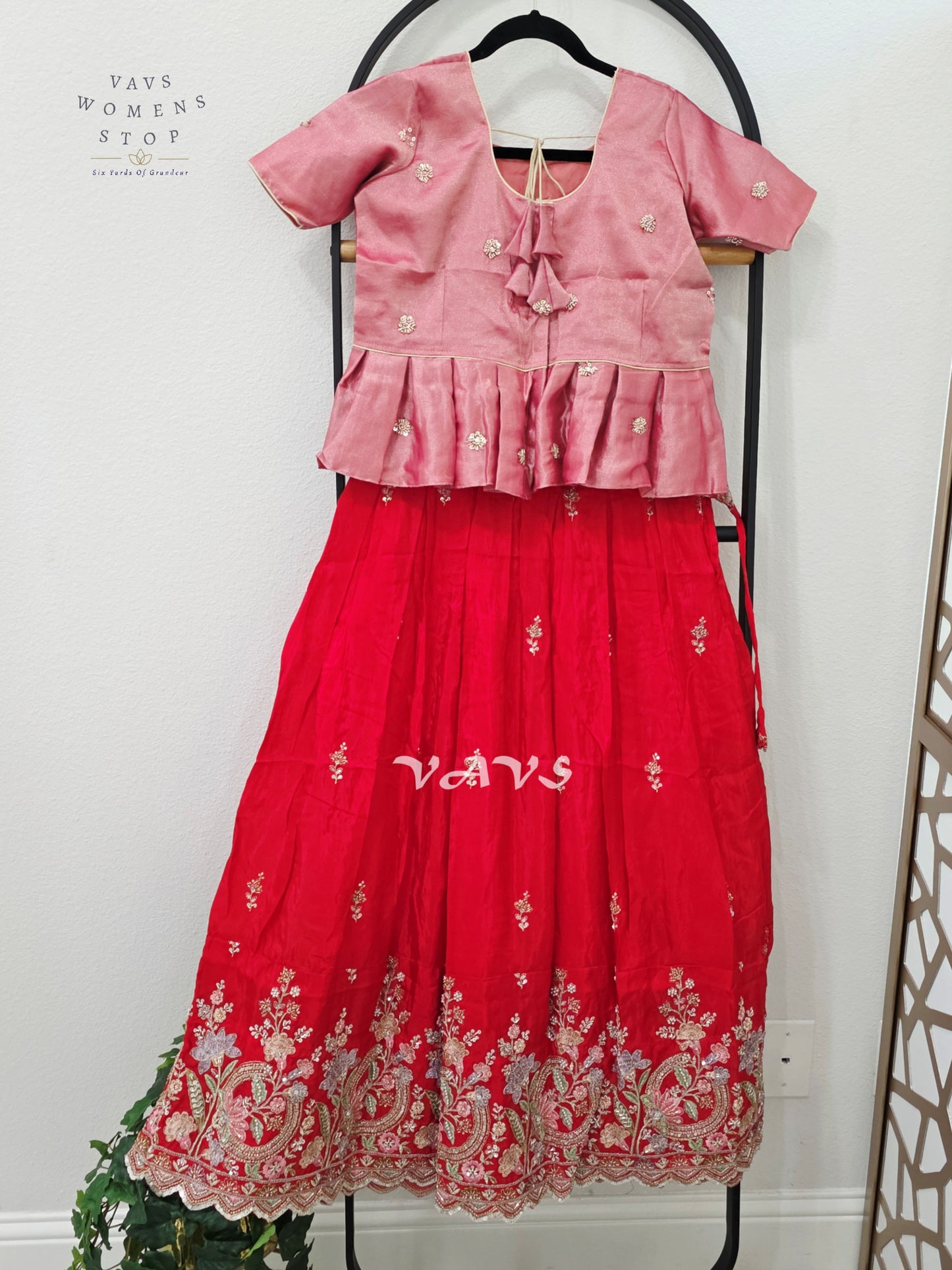 Vermilion Red Crepe Silk Embroidered Lehenga Set with Rose Pink Tissue Crop Top – Girls 12–13 Years