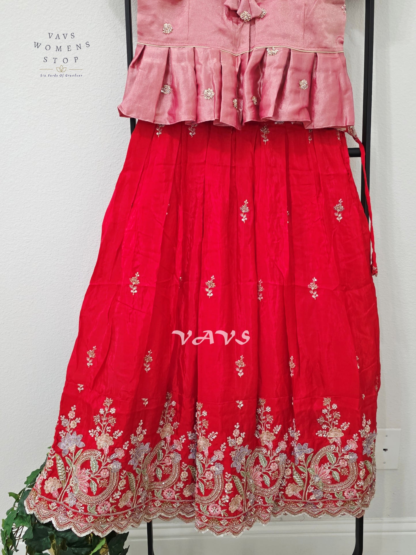 Vermilion Red Crepe Silk Embroidered Lehenga Set with Rose Pink Tissue Crop Top – Girls 12–13 Years