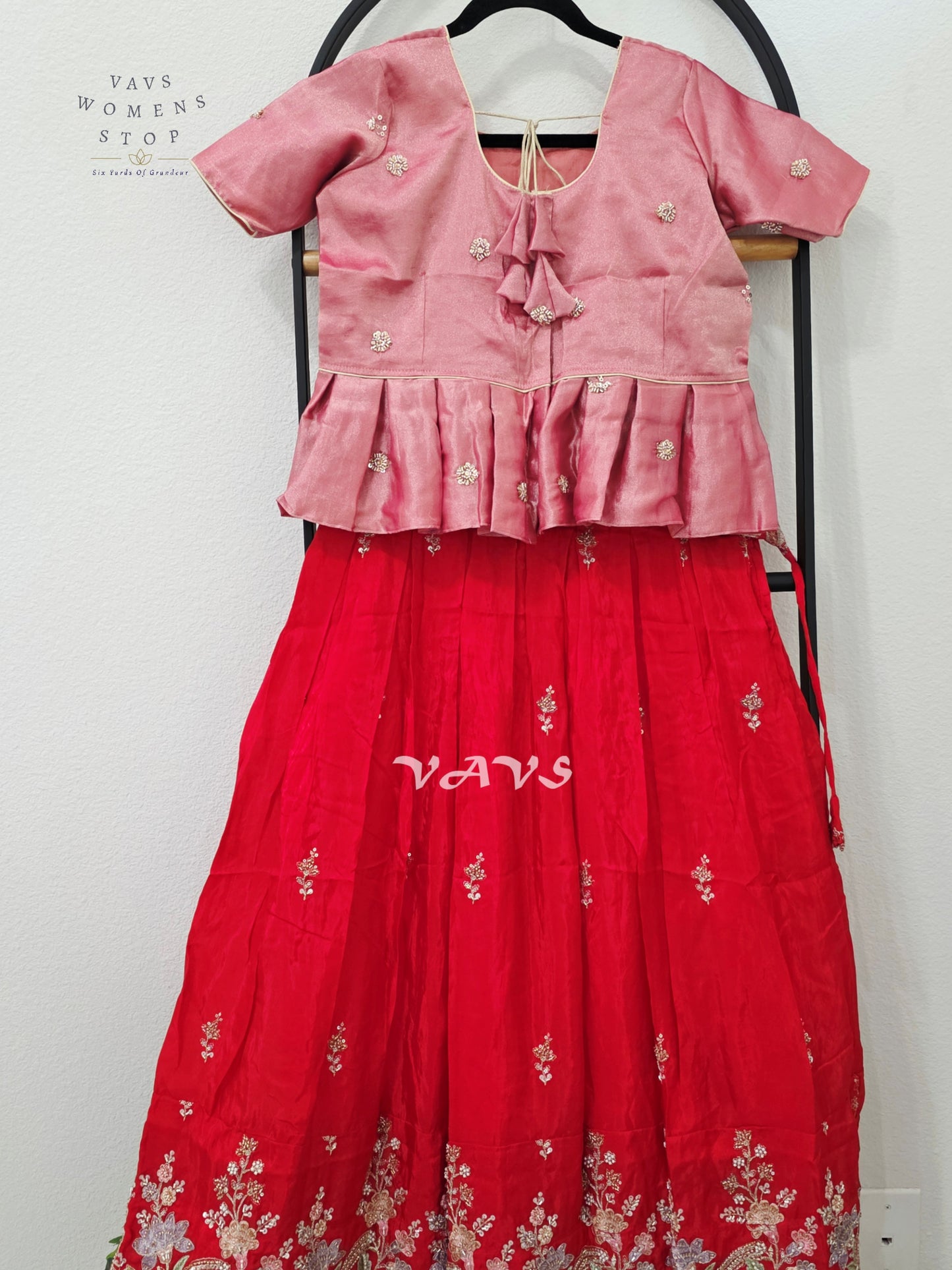Vermilion Red Crepe Silk Embroidered Lehenga Set with Rose Pink Tissue Crop Top – Girls 12–13 Years