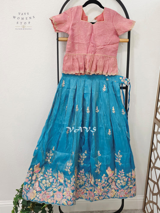 Jewel Turquoise Crepe Silk Tissue Embroidered Lehenga Set with Dusty Rose Tissue Crop Top – Girls 10–11