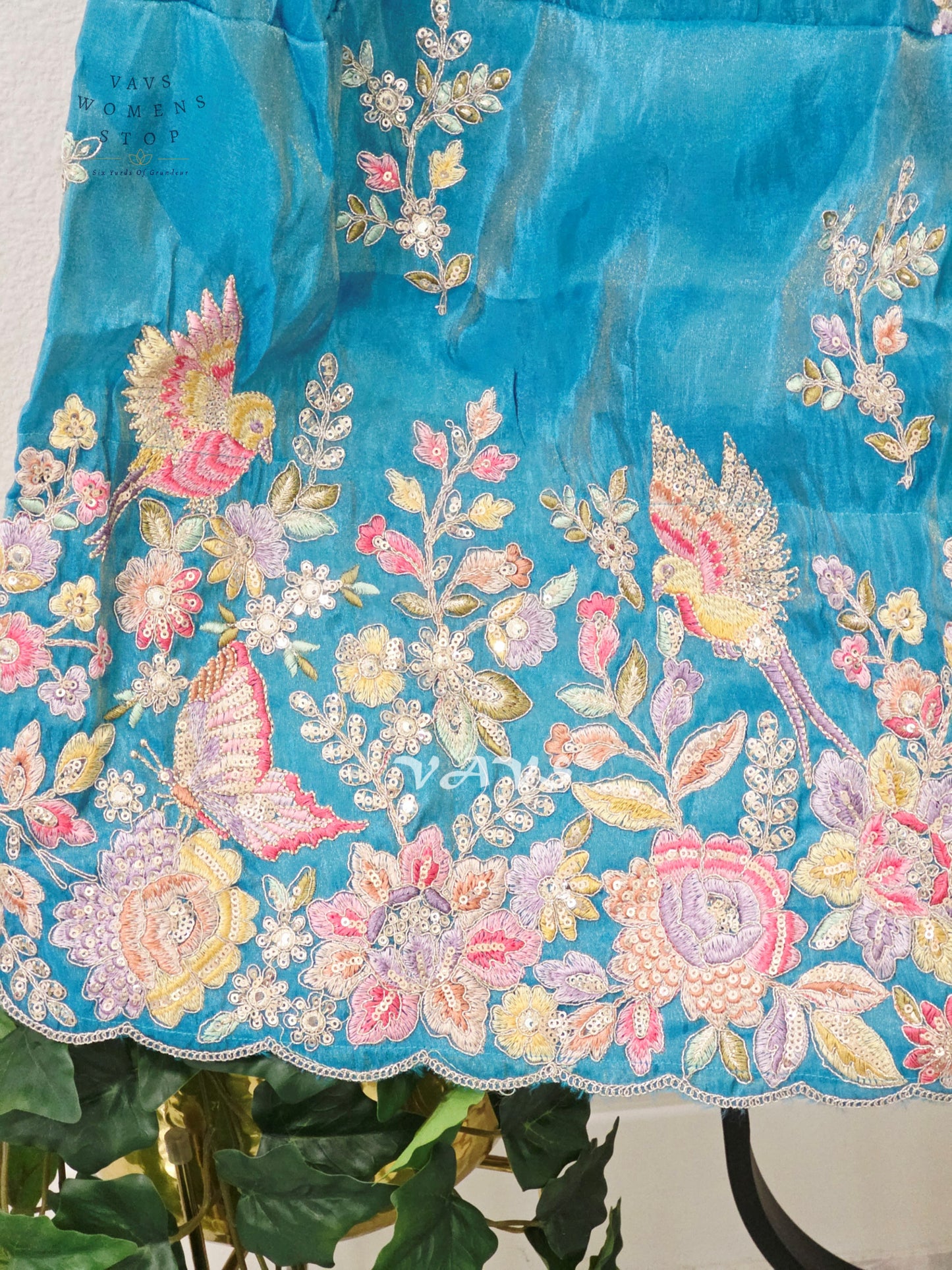 Jewel Turquoise Crepe Silk Tissue Embroidered Lehenga Set with Dusty Rose Tissue Crop Top – Girls 10–11