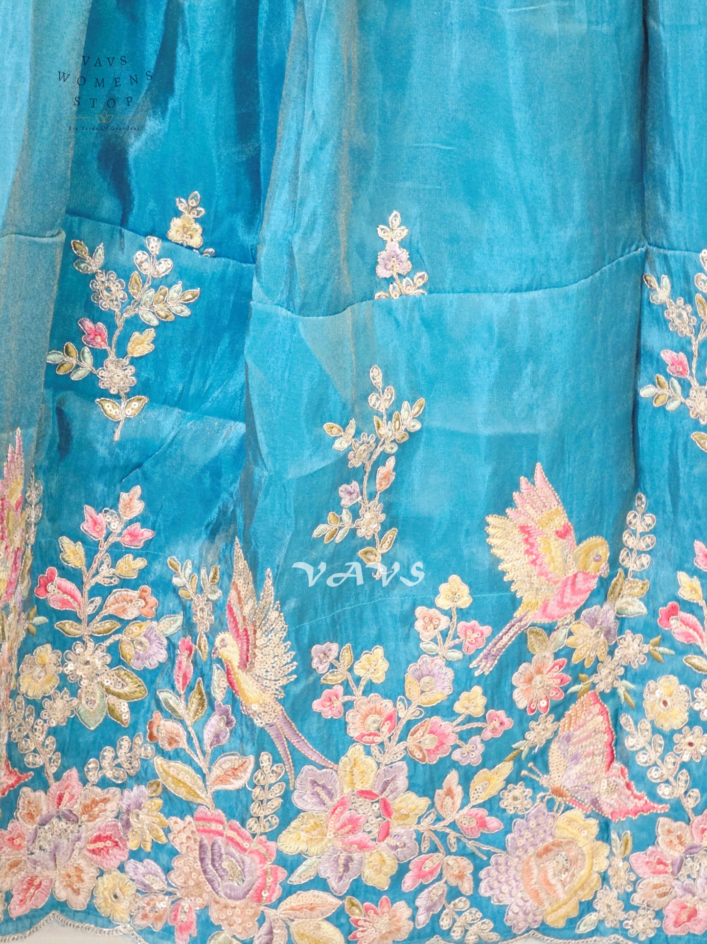 Jewel Turquoise Crepe Silk Tissue Embroidered Lehenga Set with Dusty Rose Tissue Crop Top – Girls 10–11