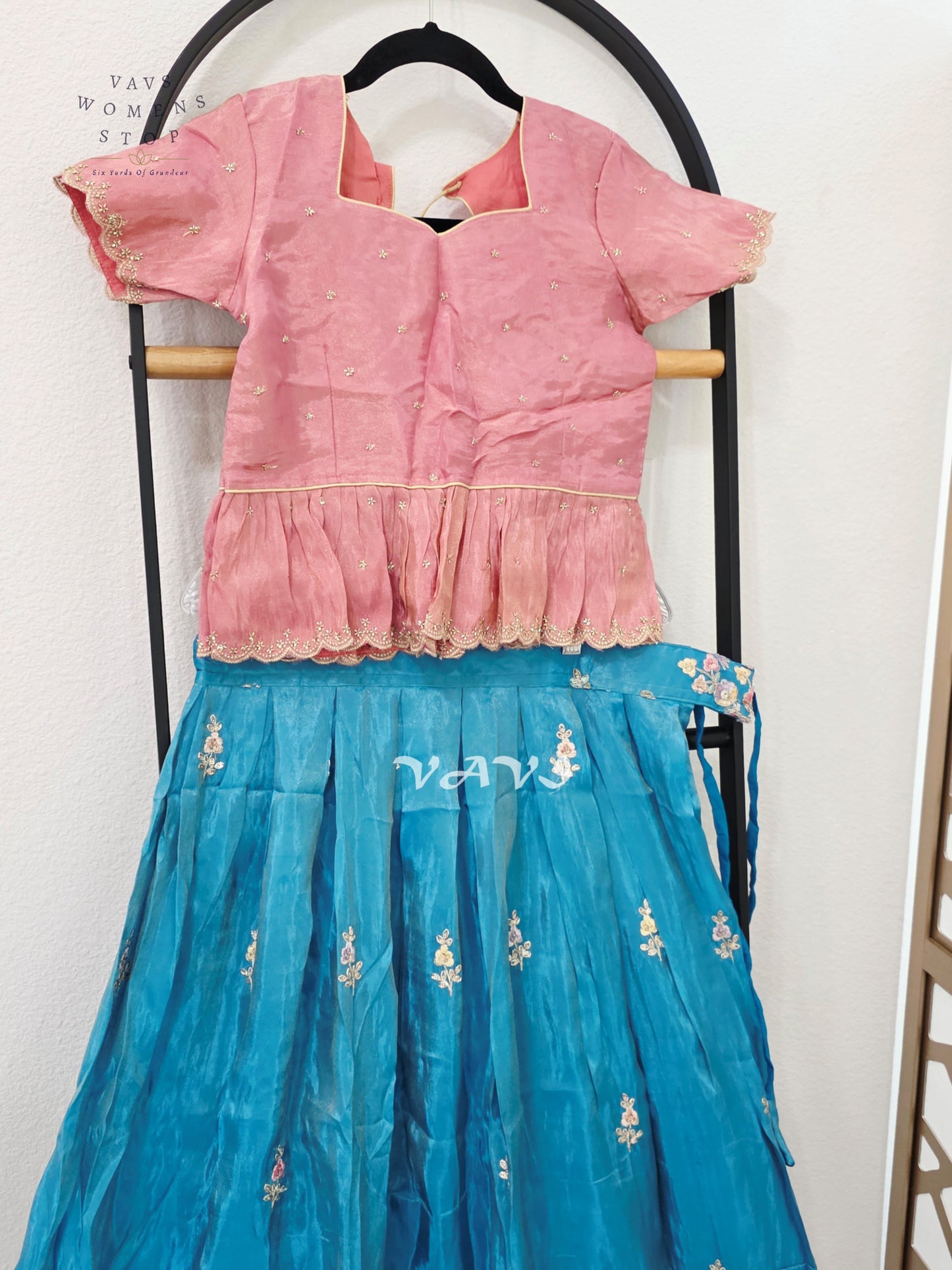 Jewel Turquoise Crepe Silk Tissue Embroidered Lehenga Set with Dusty Rose Tissue Crop Top – Girls 10–11