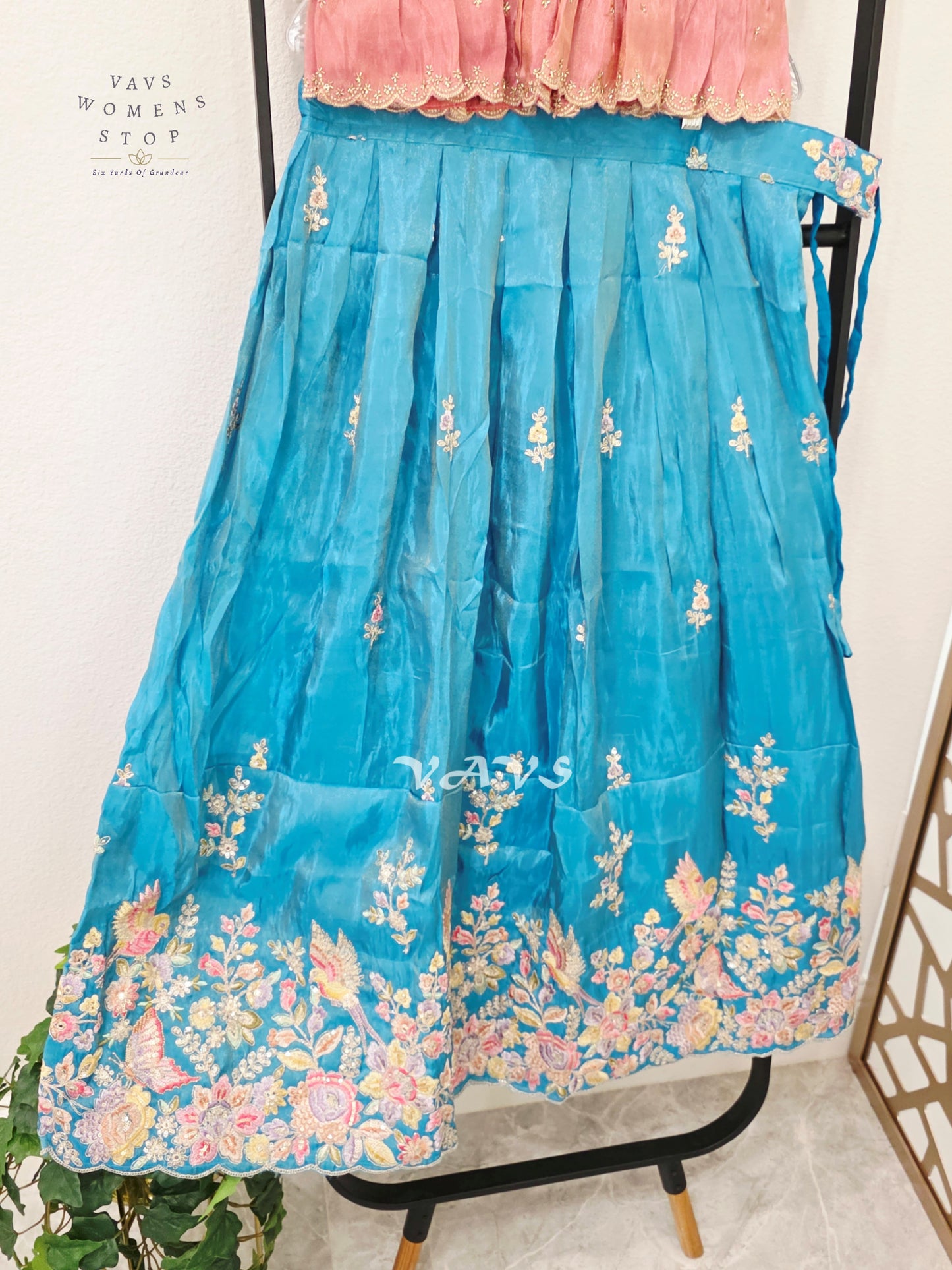 Jewel Turquoise Crepe Silk Tissue Embroidered Lehenga Set with Dusty Rose Tissue Crop Top – Girls 10–11
