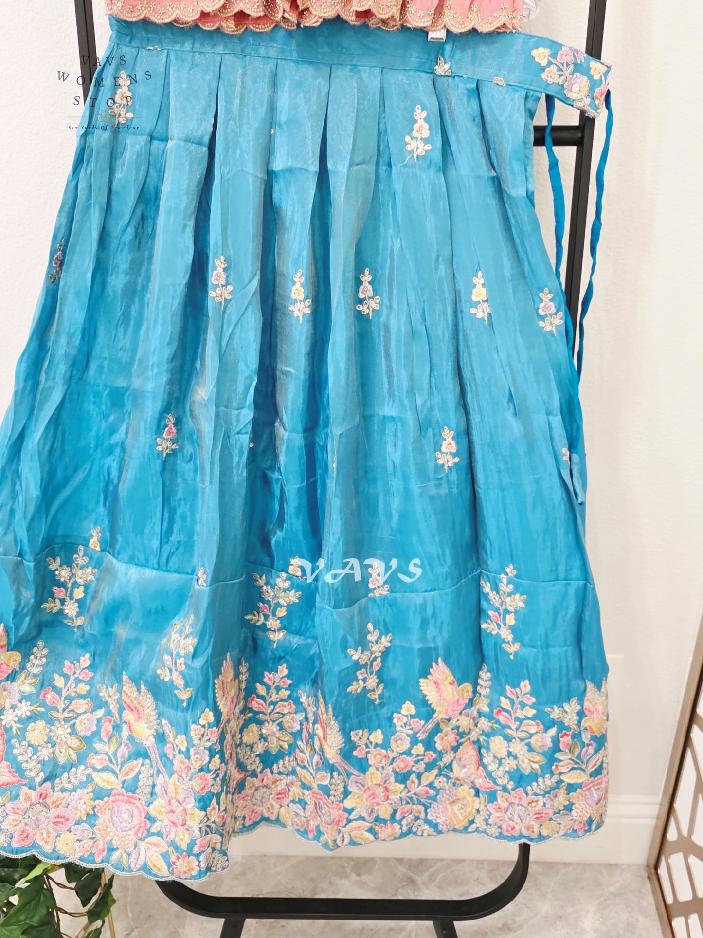 Jewel Turquoise Crepe Silk Tissue Embroidered Lehenga Set with Dusty Rose Tissue Crop Top – Girls 10–11
