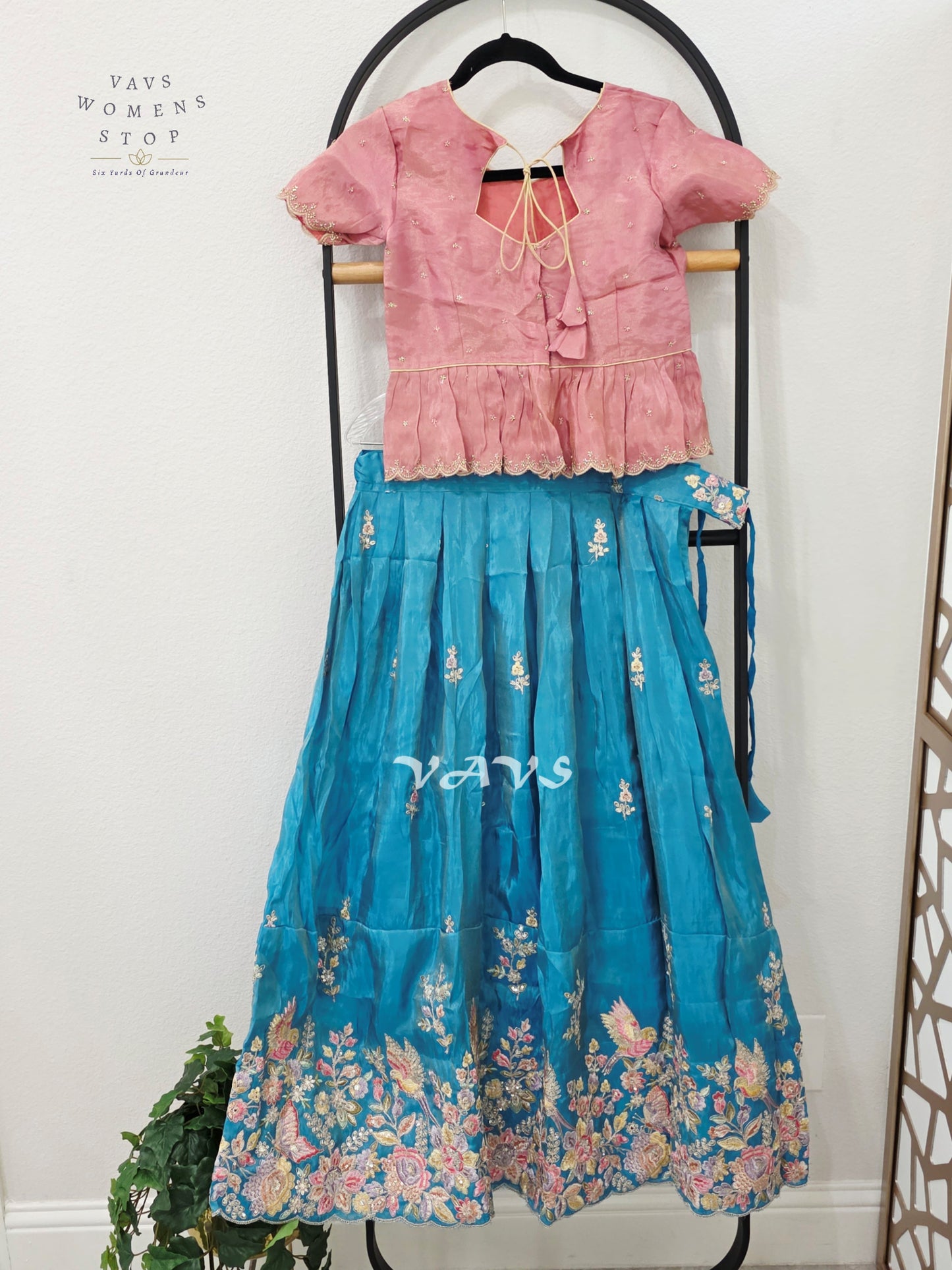 Jewel Turquoise Crepe Silk Tissue Embroidered Lehenga Set with Dusty Rose Tissue Crop Top – Girls 10–11