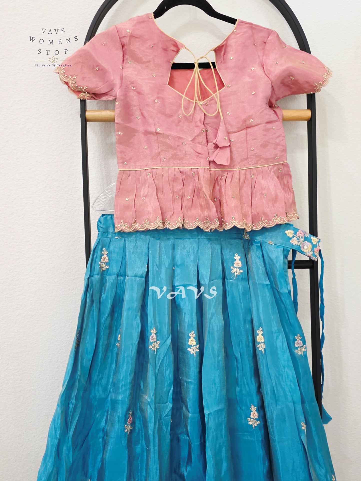 Jewel Turquoise Crepe Silk Tissue Embroidered Lehenga Set with Dusty Rose Tissue Crop Top – Girls 10–11