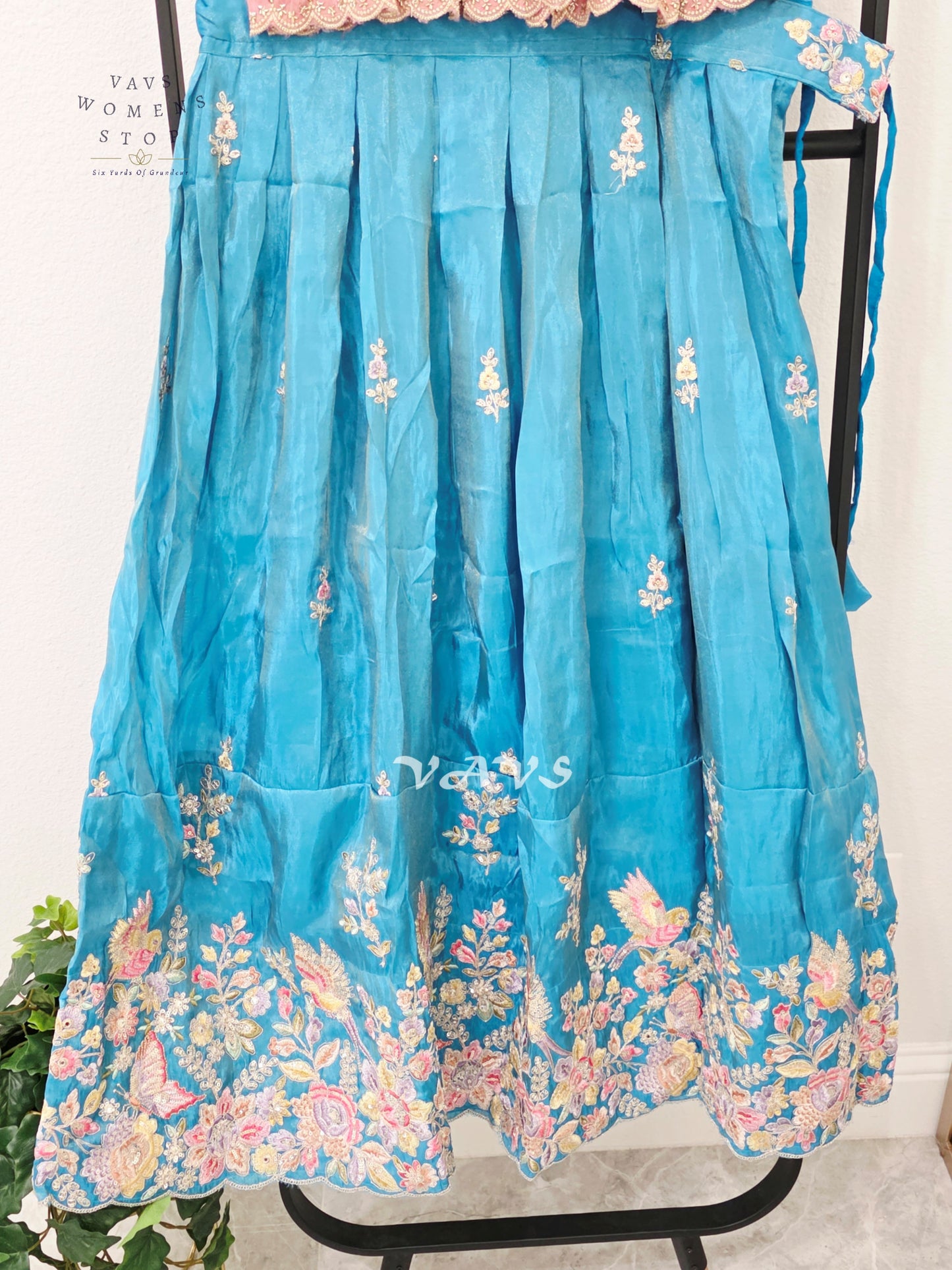 Jewel Turquoise Crepe Silk Tissue Embroidered Lehenga Set with Dusty Rose Tissue Crop Top – Girls 10–11