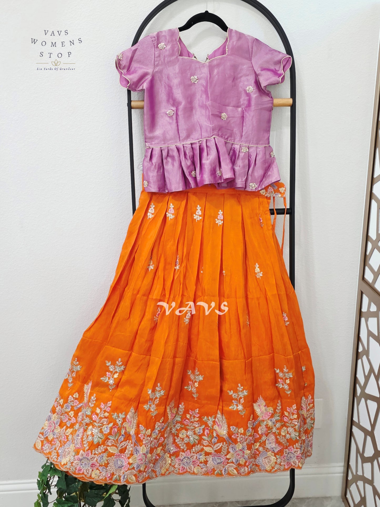 Marigold Orange Crepe Silk Tissue Embroidered Lehenga with Orchid Mauve Tissue Crop Top – Girls 11–12