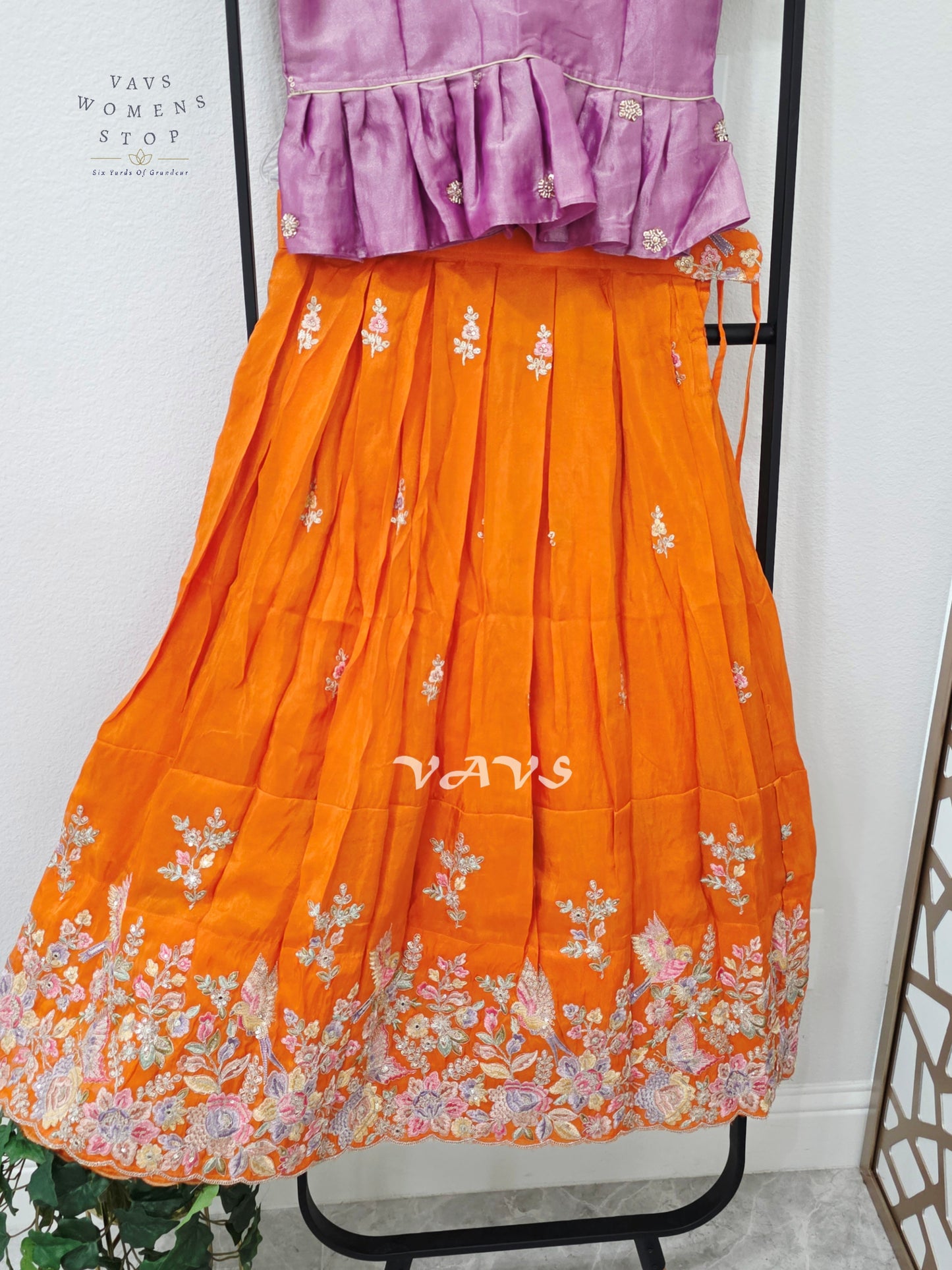 Marigold Orange Crepe Silk Tissue Embroidered Lehenga with Orchid Mauve Tissue Crop Top – Girls 11–12