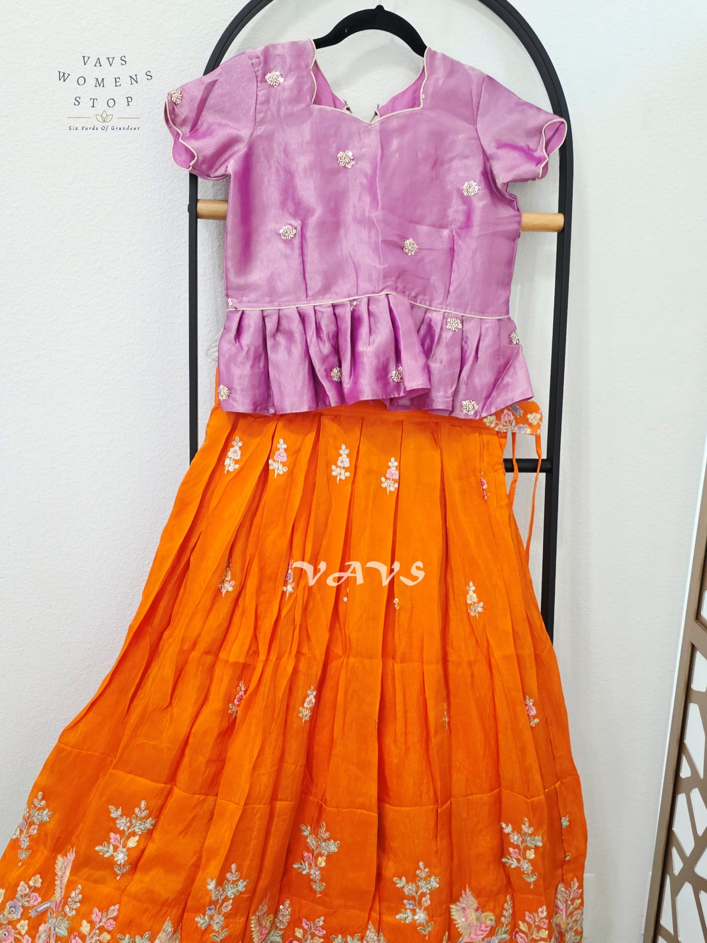 Marigold Orange Crepe Silk Tissue Embroidered Lehenga with Orchid Mauve Tissue Crop Top – Girls 11–12