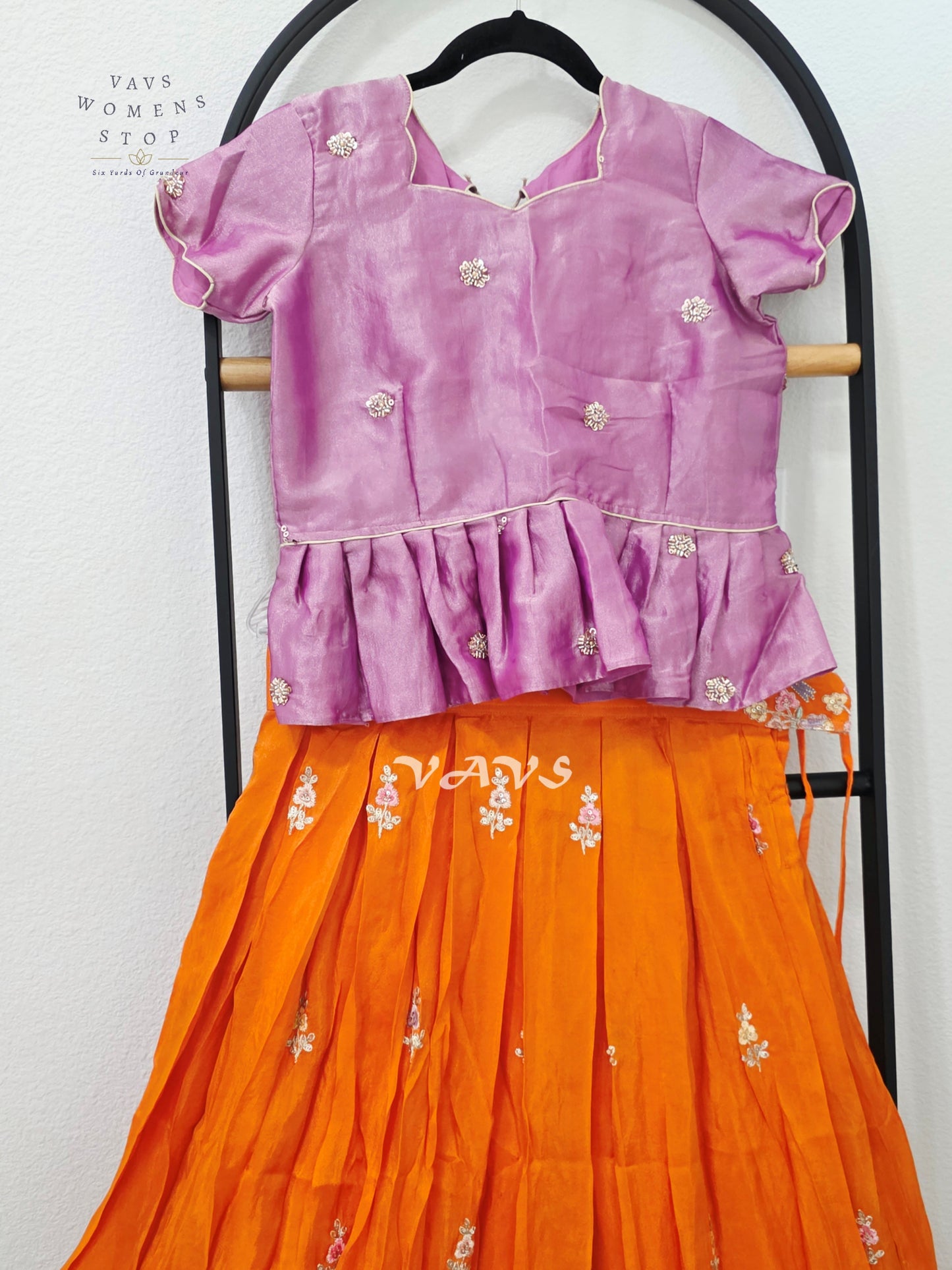 Marigold Orange Crepe Silk Tissue Embroidered Lehenga with Orchid Mauve Tissue Crop Top – Girls 11–12