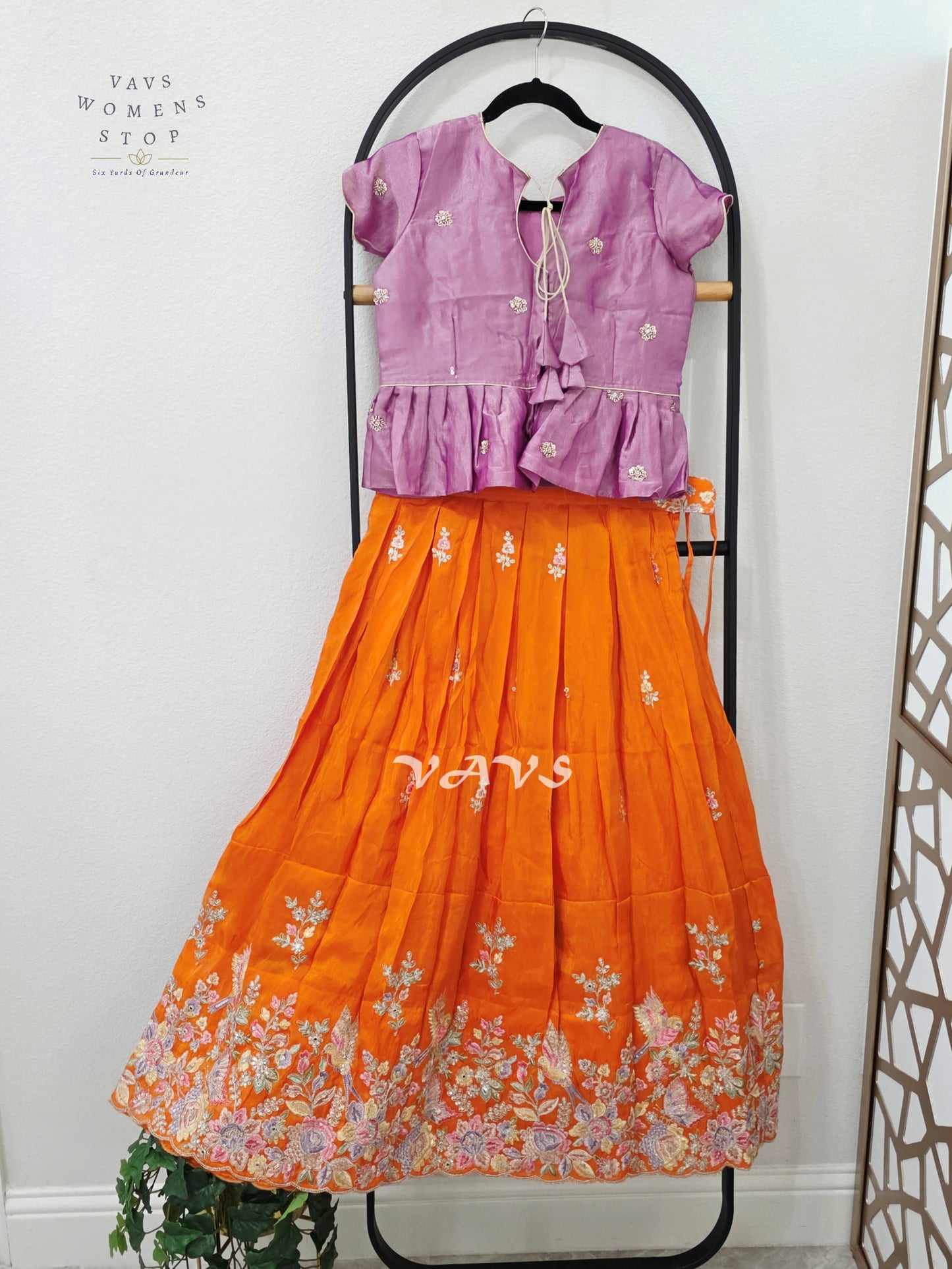 Marigold Orange Crepe Silk Tissue Embroidered Lehenga with Orchid Mauve Tissue Crop Top – Girls 11–12