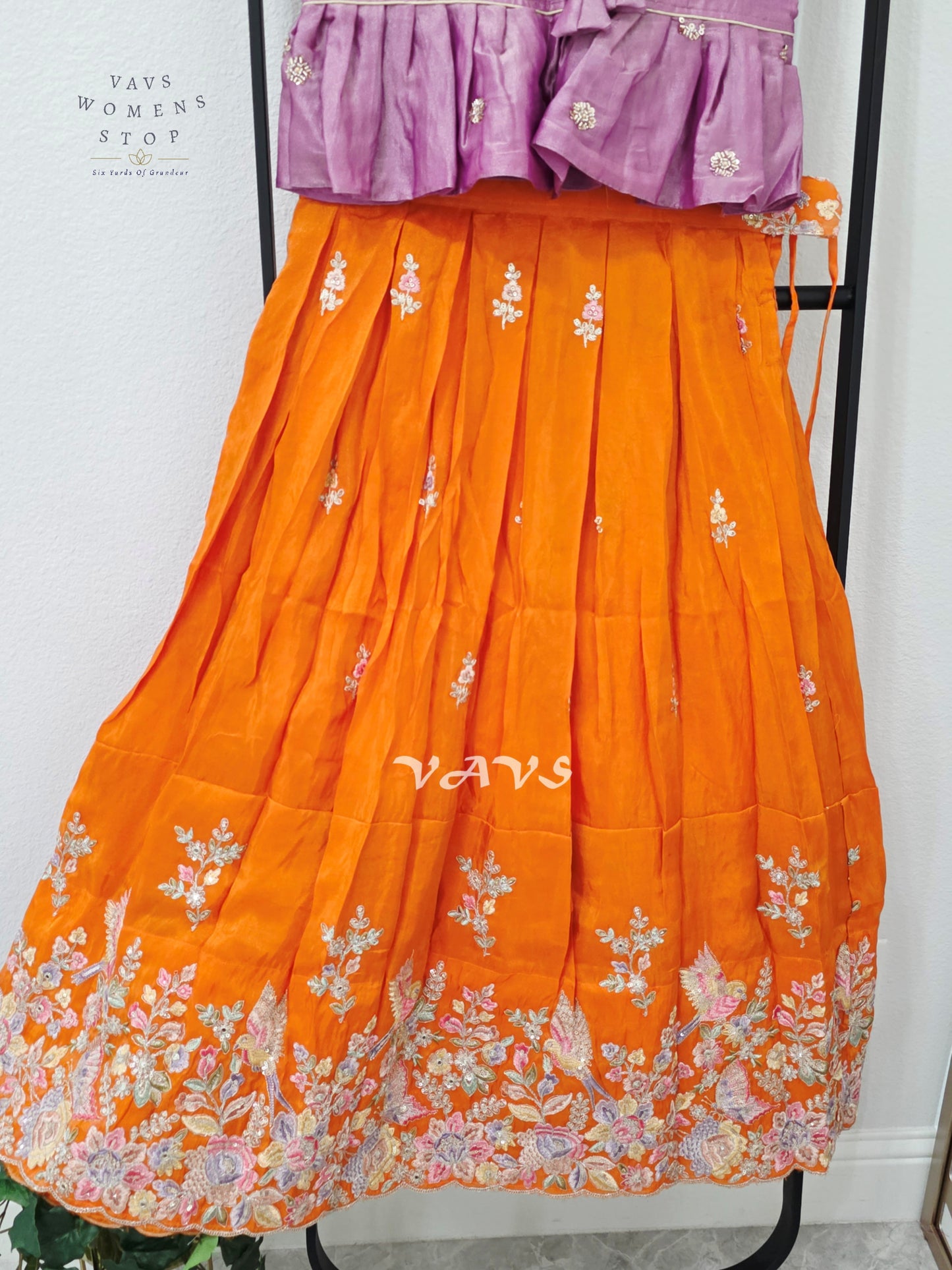 Marigold Orange Crepe Silk Tissue Embroidered Lehenga with Orchid Mauve Tissue Crop Top – Girls 11–12