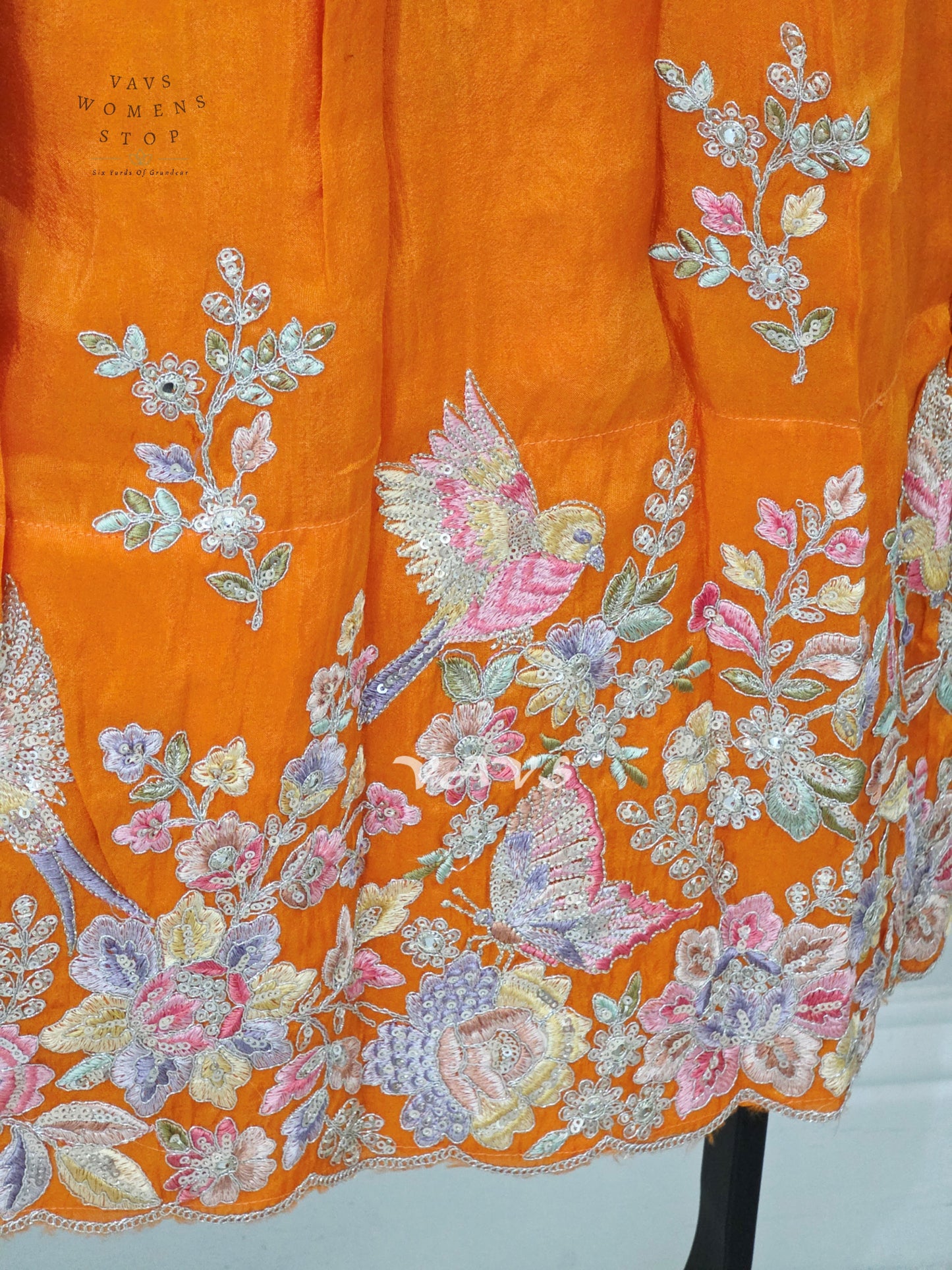 Marigold Orange Crepe Silk Tissue Embroidered Lehenga with Orchid Mauve Tissue Crop Top – Girls 11–12