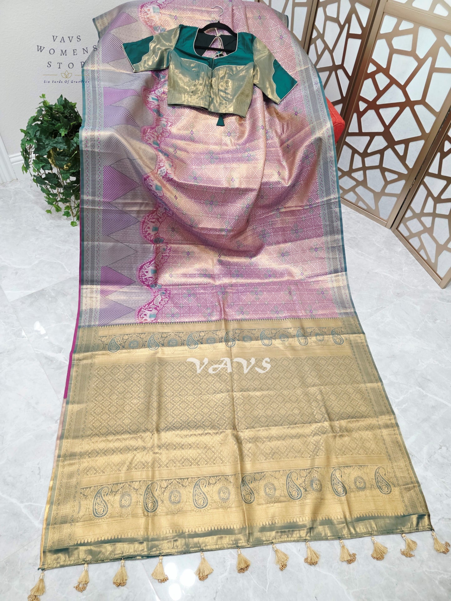 Rose Pink & Champagne Gold Semi Kanchi Pattu Tissue Brocade Saree with Teal Stitched Blouse Size 34–40