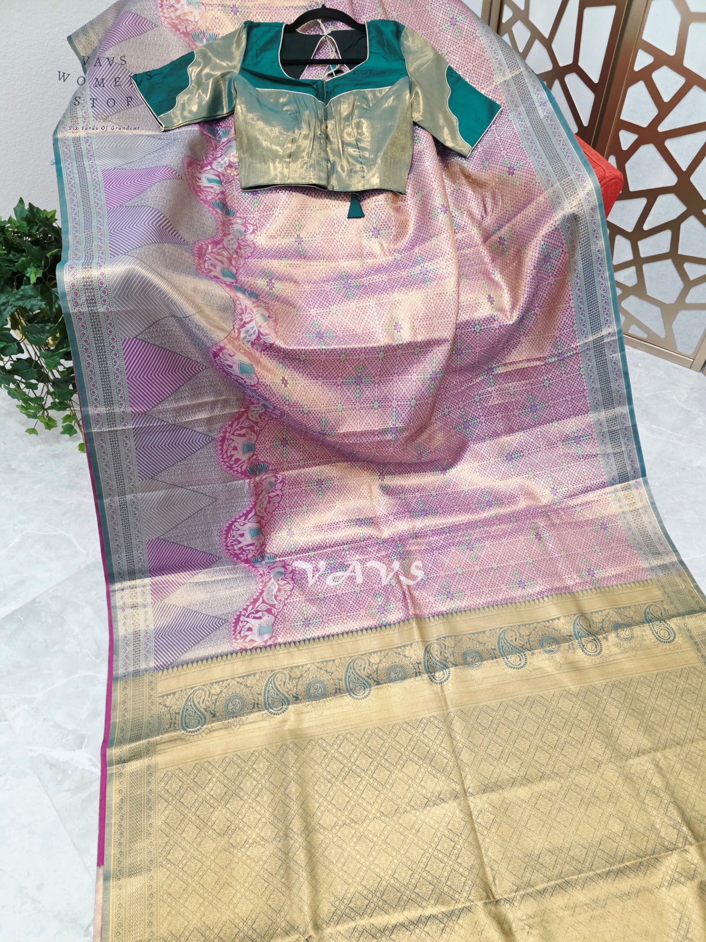 Rose Pink & Champagne Gold Semi Kanchi Pattu Tissue Brocade Saree with Teal Stitched Blouse Size 34–40