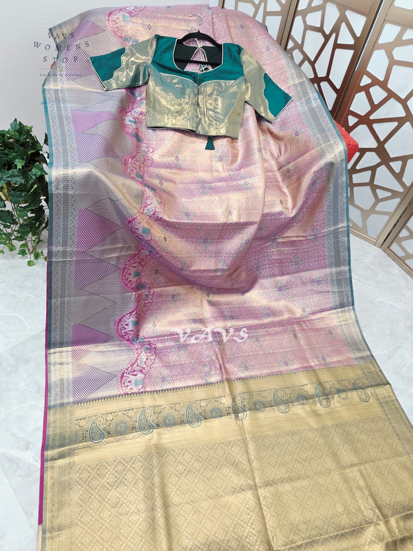 Rose Pink & Champagne Gold Semi Kanchi Pattu Tissue Brocade Saree with Teal Stitched Blouse Size 34–40