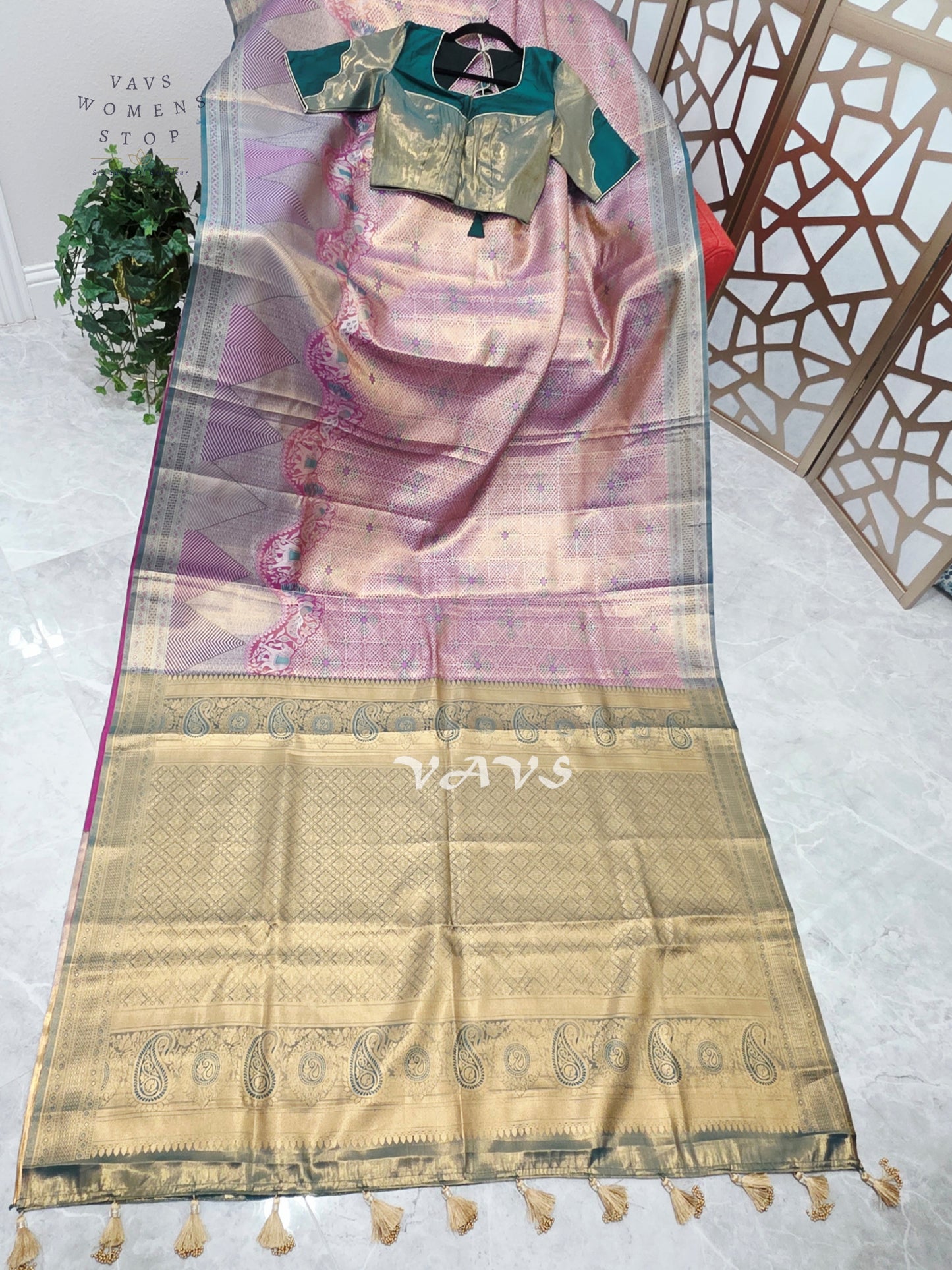 Rose Pink & Champagne Gold Semi Kanchi Pattu Tissue Brocade Saree with Teal Stitched Blouse Size 34–40