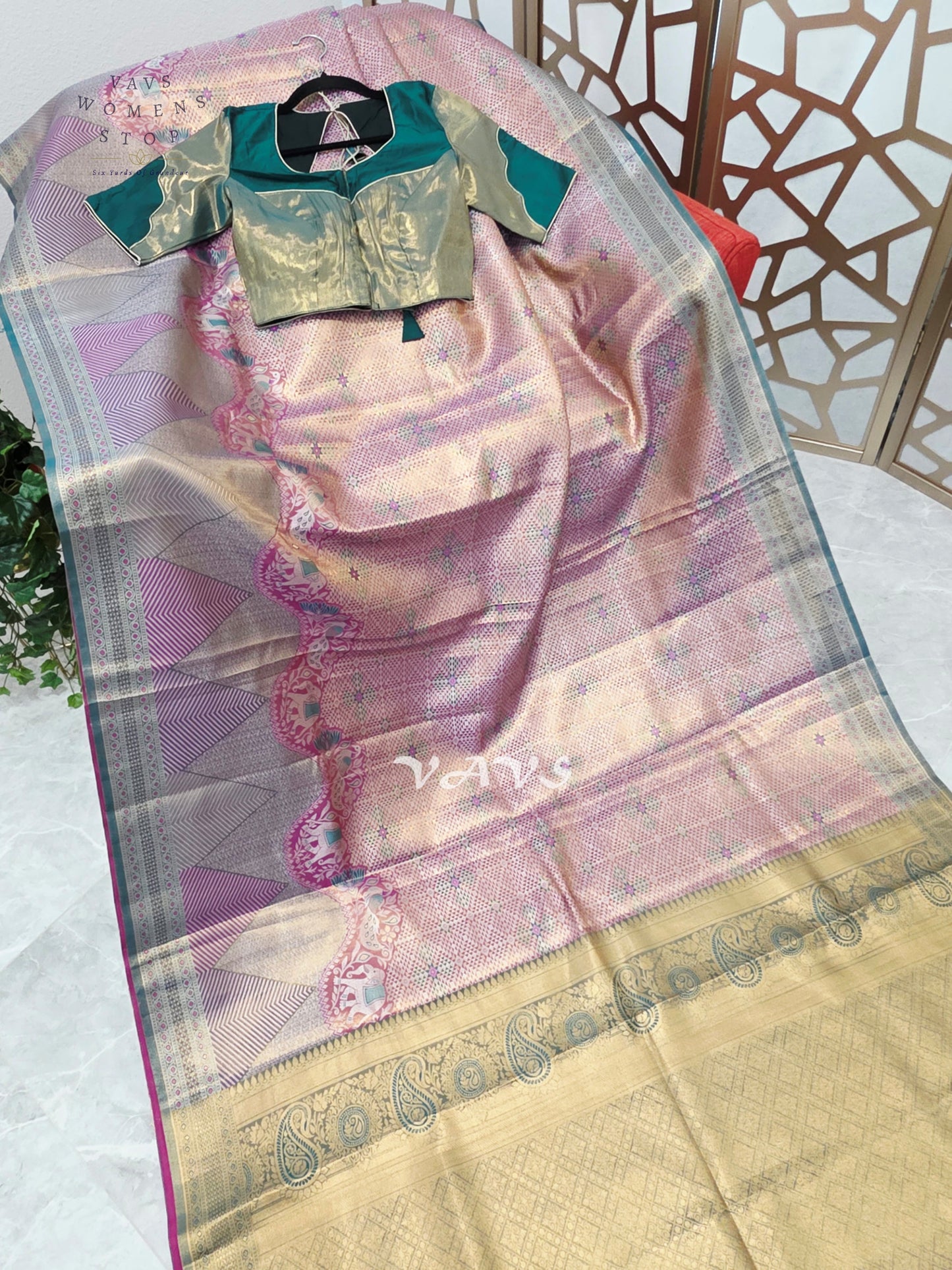 Rose Pink & Champagne Gold Semi Kanchi Pattu Tissue Brocade Saree with Teal Stitched Blouse Size 34–40