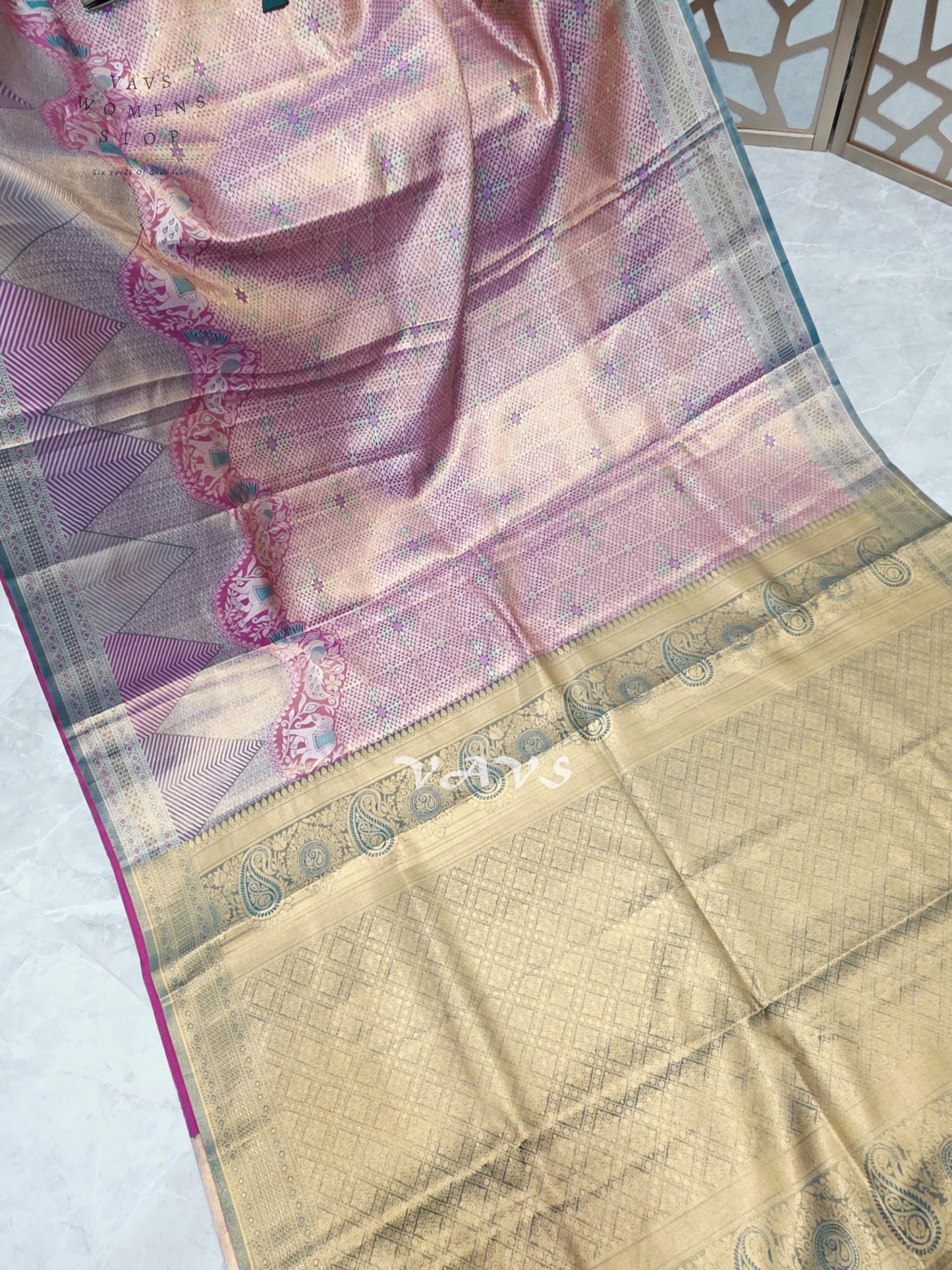 Rose Pink & Champagne Gold Semi Kanchi Pattu Tissue Brocade Saree with Teal Stitched Blouse Size 34–40