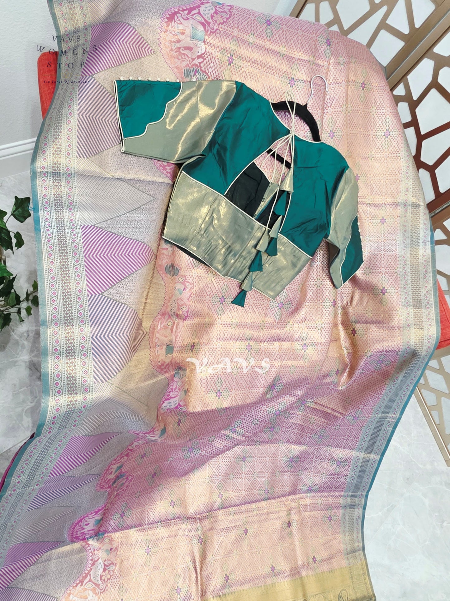 Rose Pink & Champagne Gold Semi Kanchi Pattu Tissue Brocade Saree with Teal Stitched Blouse Size 34–40