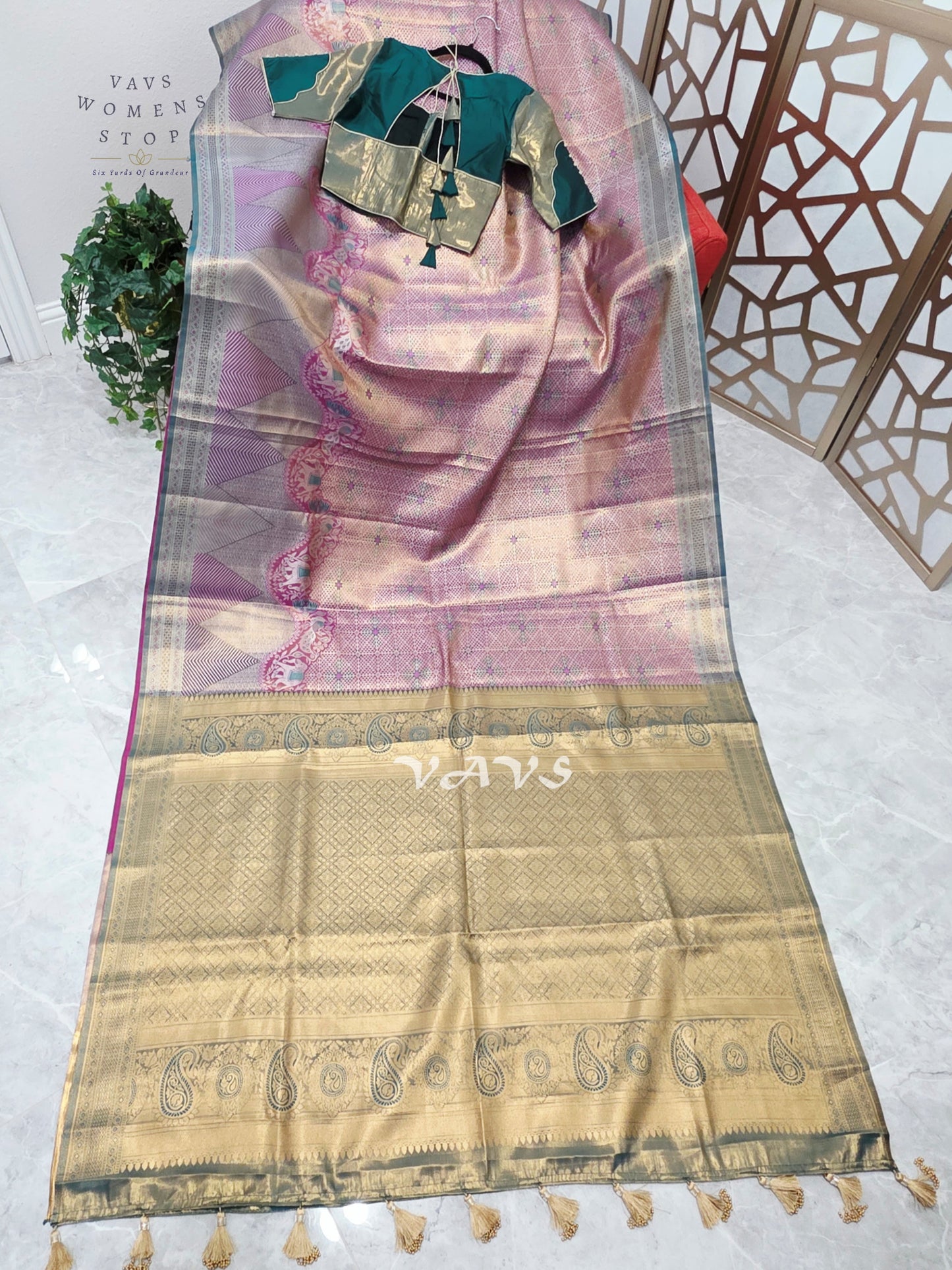 Rose Pink & Champagne Gold Semi Kanchi Pattu Tissue Brocade Saree with Teal Stitched Blouse Size 34–40