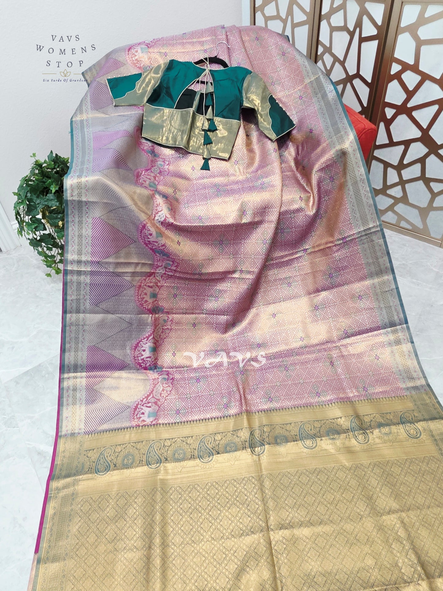 Rose Pink & Champagne Gold Semi Kanchi Pattu Tissue Brocade Saree with Teal Stitched Blouse Size 34–40