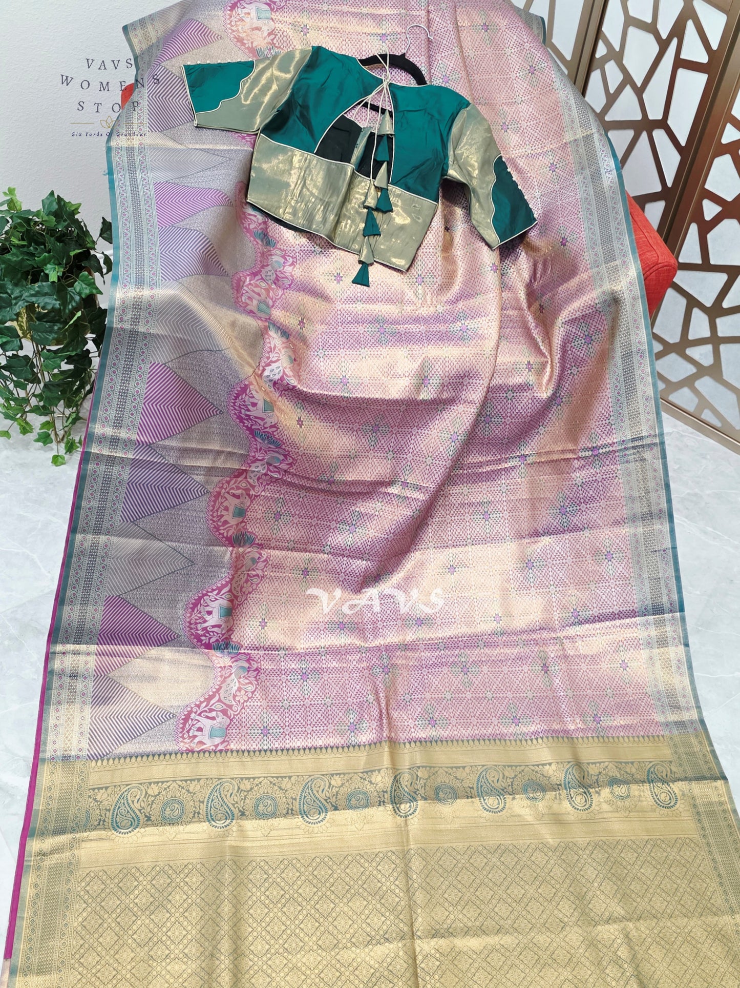 Rose Pink & Champagne Gold Semi Kanchi Pattu Tissue Brocade Saree with Teal Stitched Blouse Size 34–40