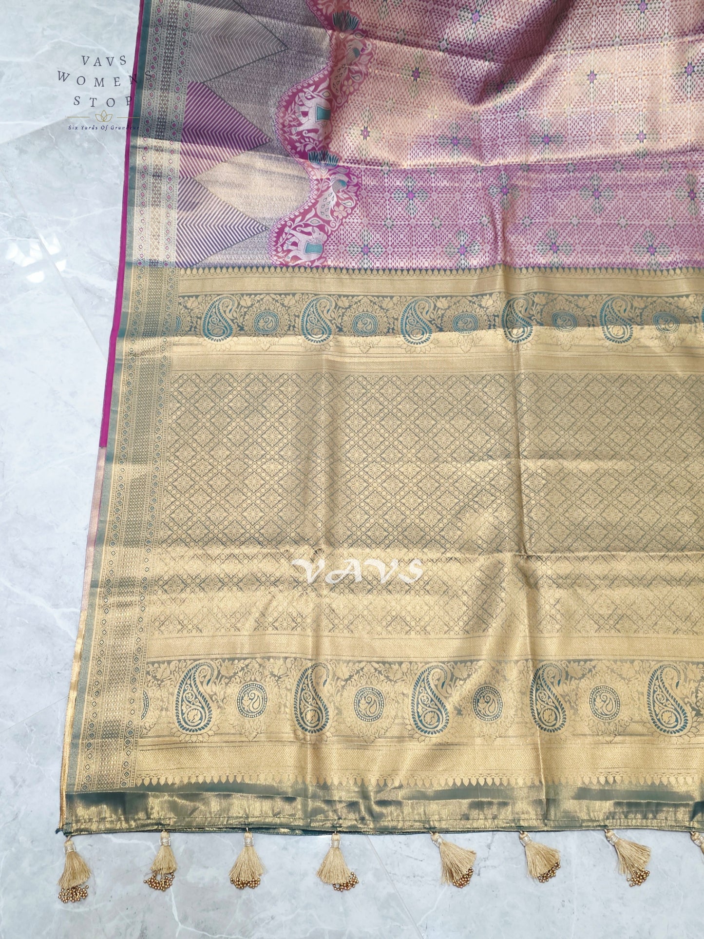 Rose Pink & Champagne Gold Semi Kanchi Pattu Tissue Brocade Saree with Teal Stitched Blouse Size 34–40