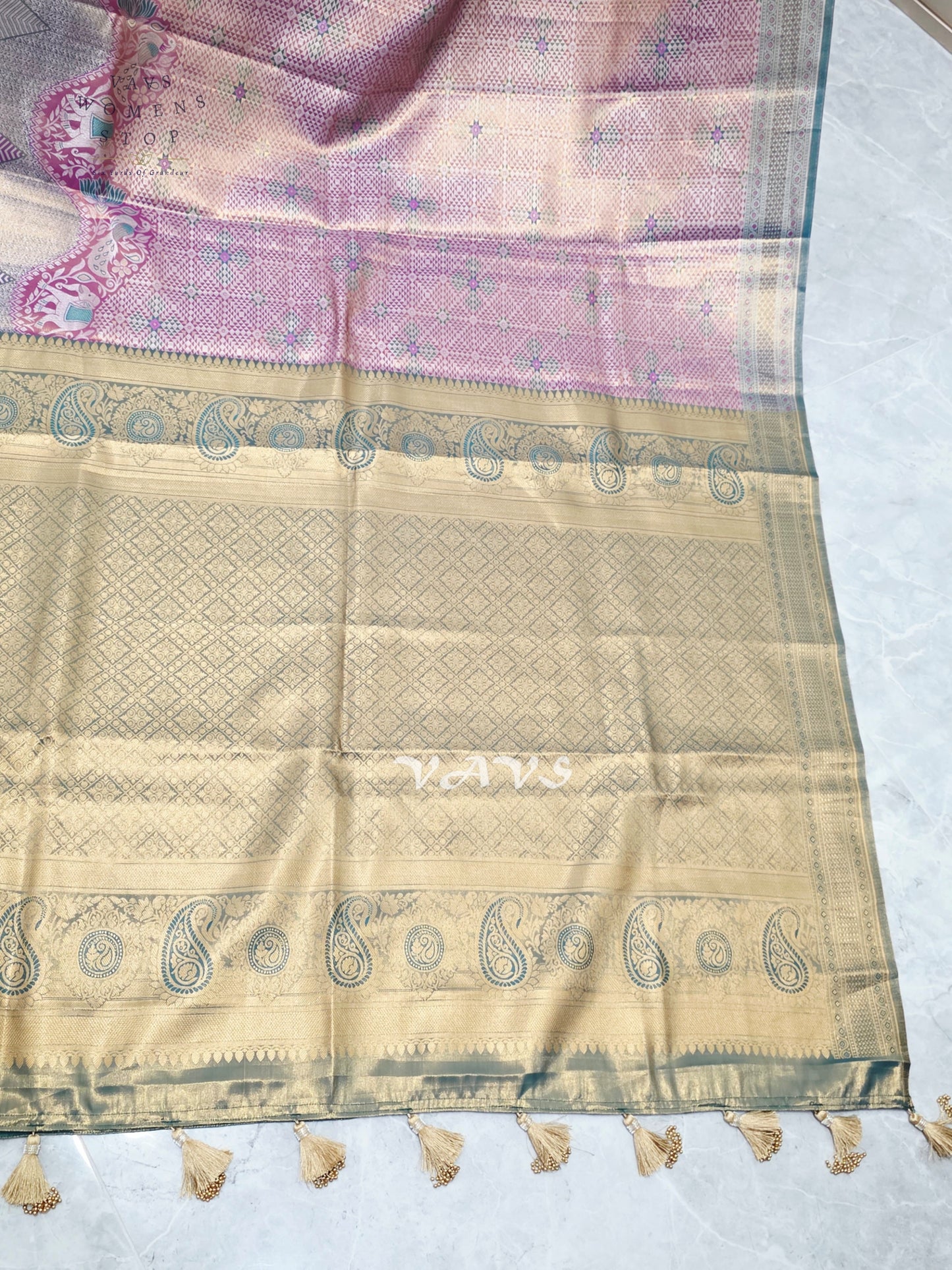 Rose Pink & Champagne Gold Semi Kanchi Pattu Tissue Brocade Saree with Teal Stitched Blouse Size 34–40