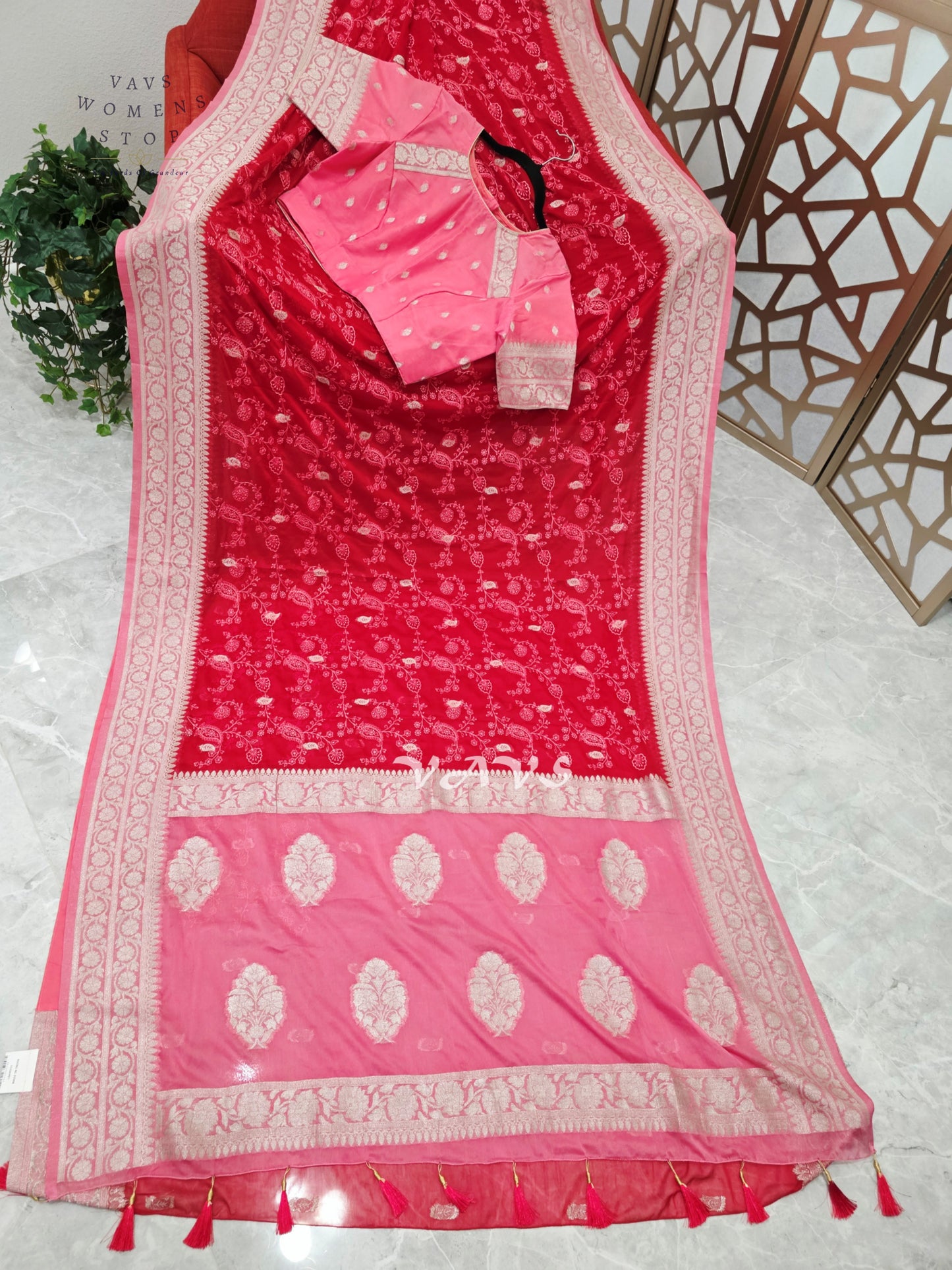 Ruby Red & Rose Pink Premium Chiffon Chikankari Saree with Stitched Blouse Size 38–44