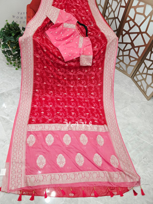 Ruby Red & Rose Pink Premium Chiffon Chikankari Saree with Stitched Blouse Size 38–44
