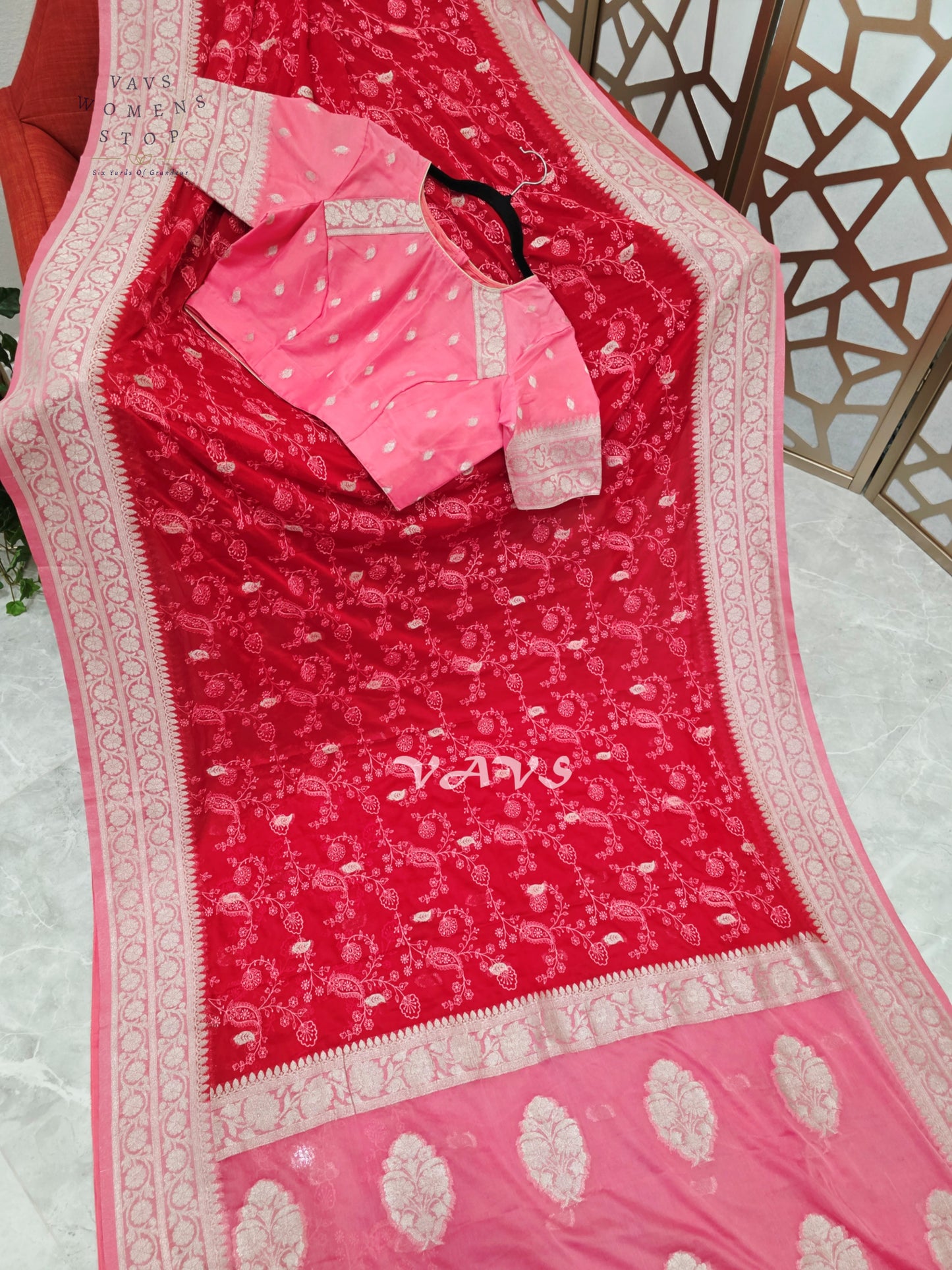 Ruby Red & Rose Pink Premium Chiffon Chikankari Saree with Stitched Blouse Size 38–44