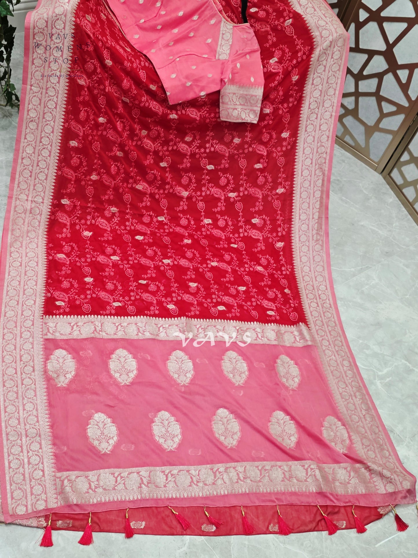 Ruby Red & Rose Pink Premium Chiffon Chikankari Saree with Stitched Blouse Size 38–44