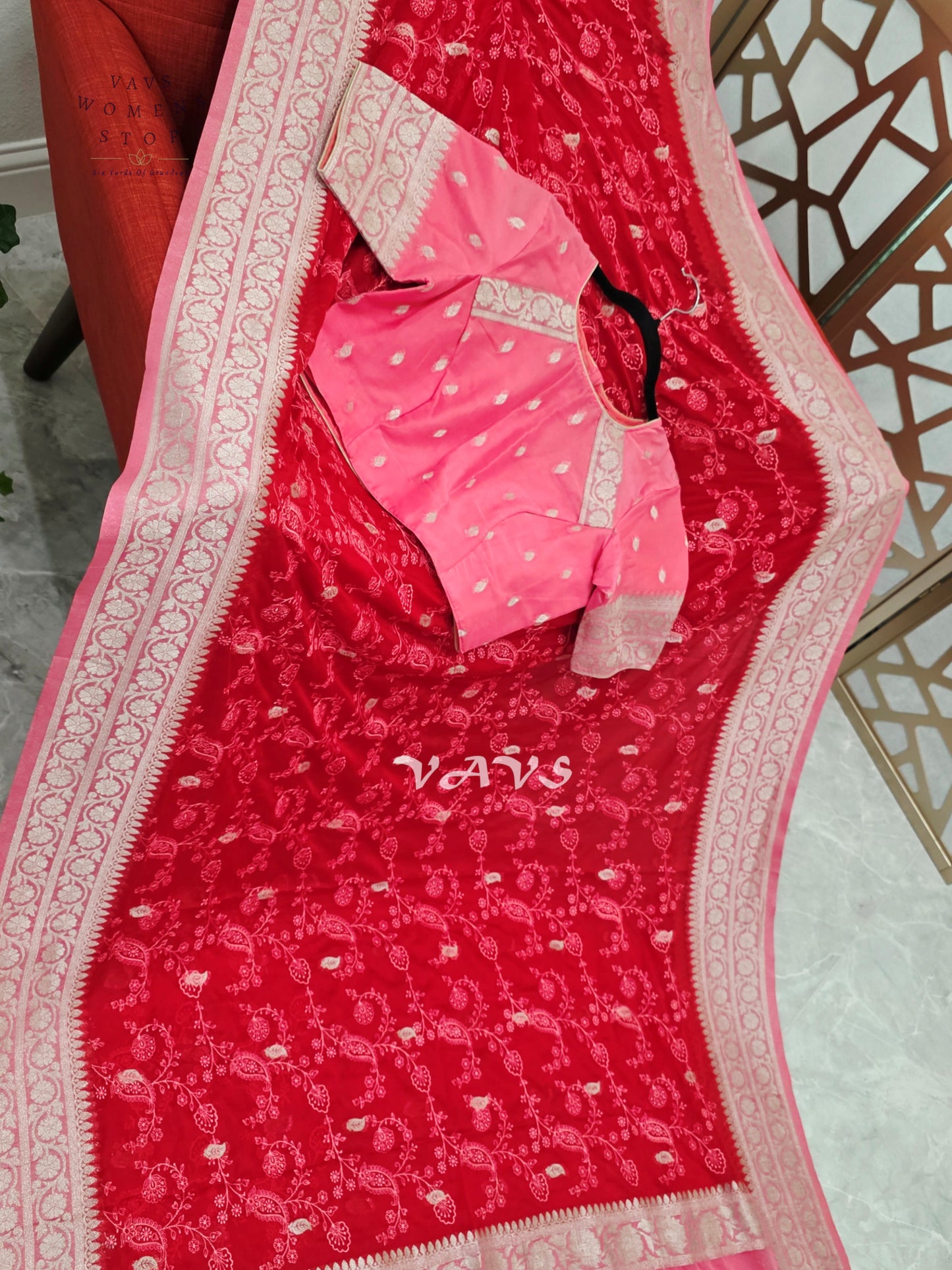 Ruby Red & Rose Pink Premium Chiffon Chikankari Saree with Stitched Blouse Size 38–44