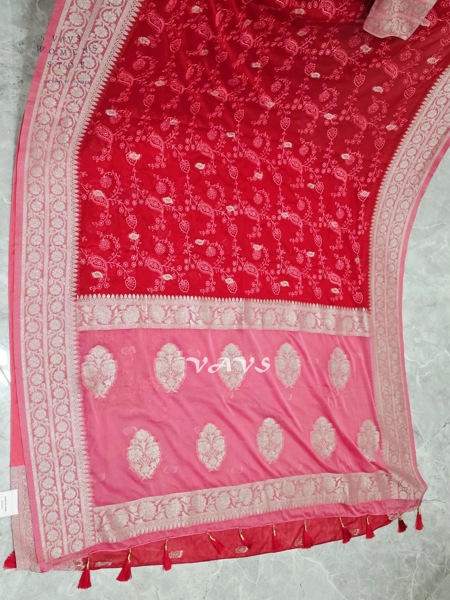 Ruby Red & Rose Pink Premium Chiffon Chikankari Saree with Stitched Blouse Size 38–44