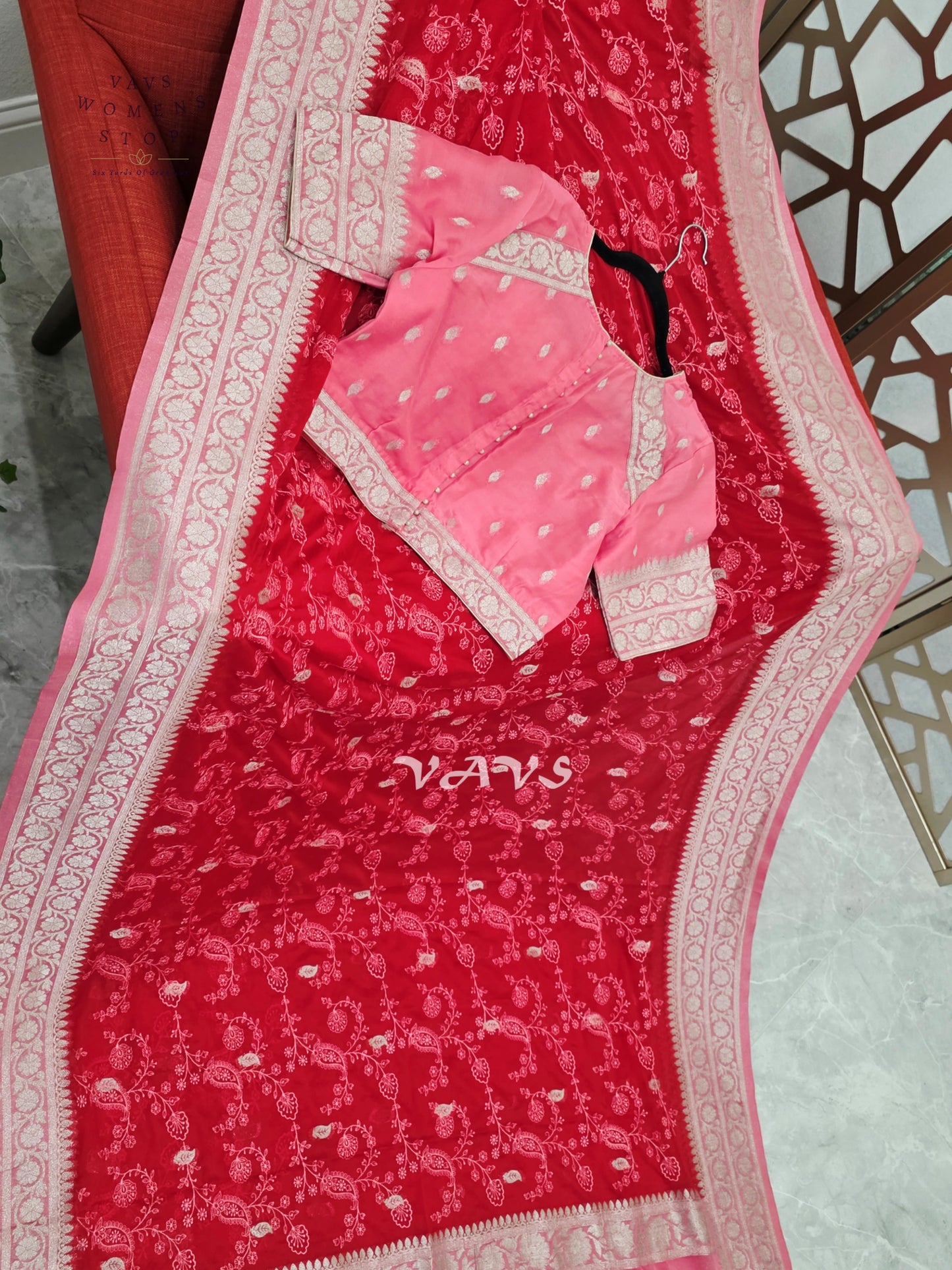 Ruby Red & Rose Pink Premium Chiffon Chikankari Saree with Stitched Blouse Size 38–44