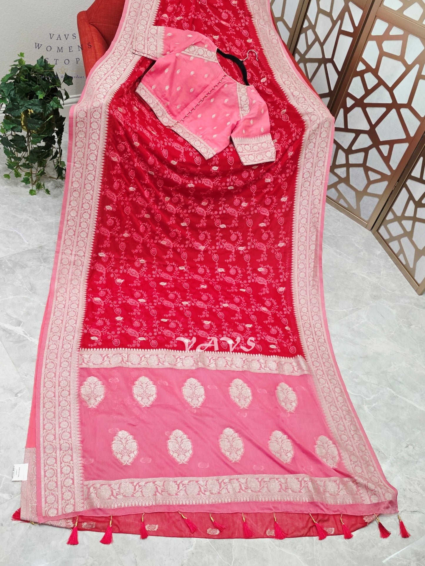 Ruby Red & Rose Pink Premium Chiffon Chikankari Saree with Stitched Blouse Size 38–44