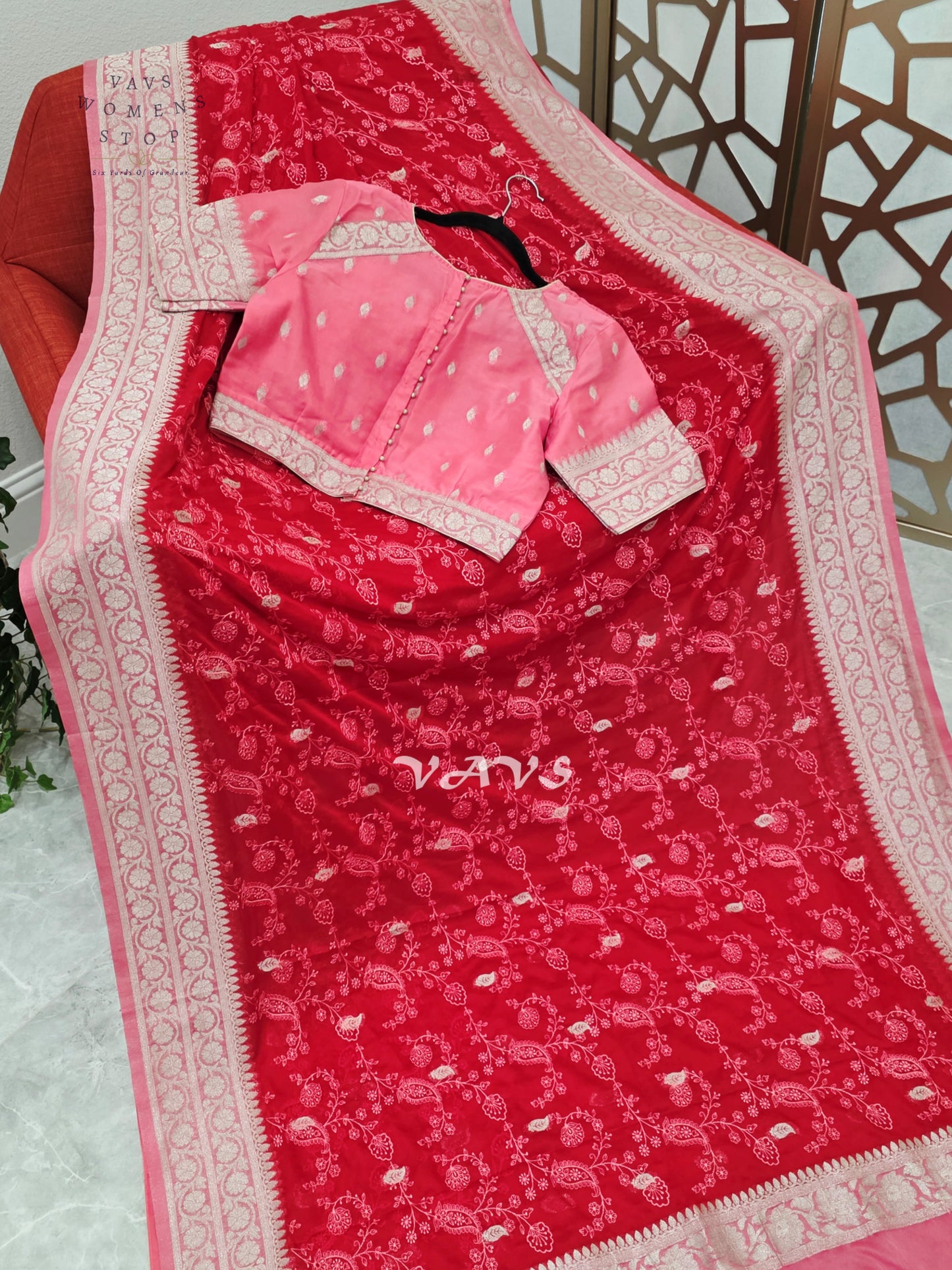 Ruby Red & Rose Pink Premium Chiffon Chikankari Saree with Stitched Blouse Size 38–44