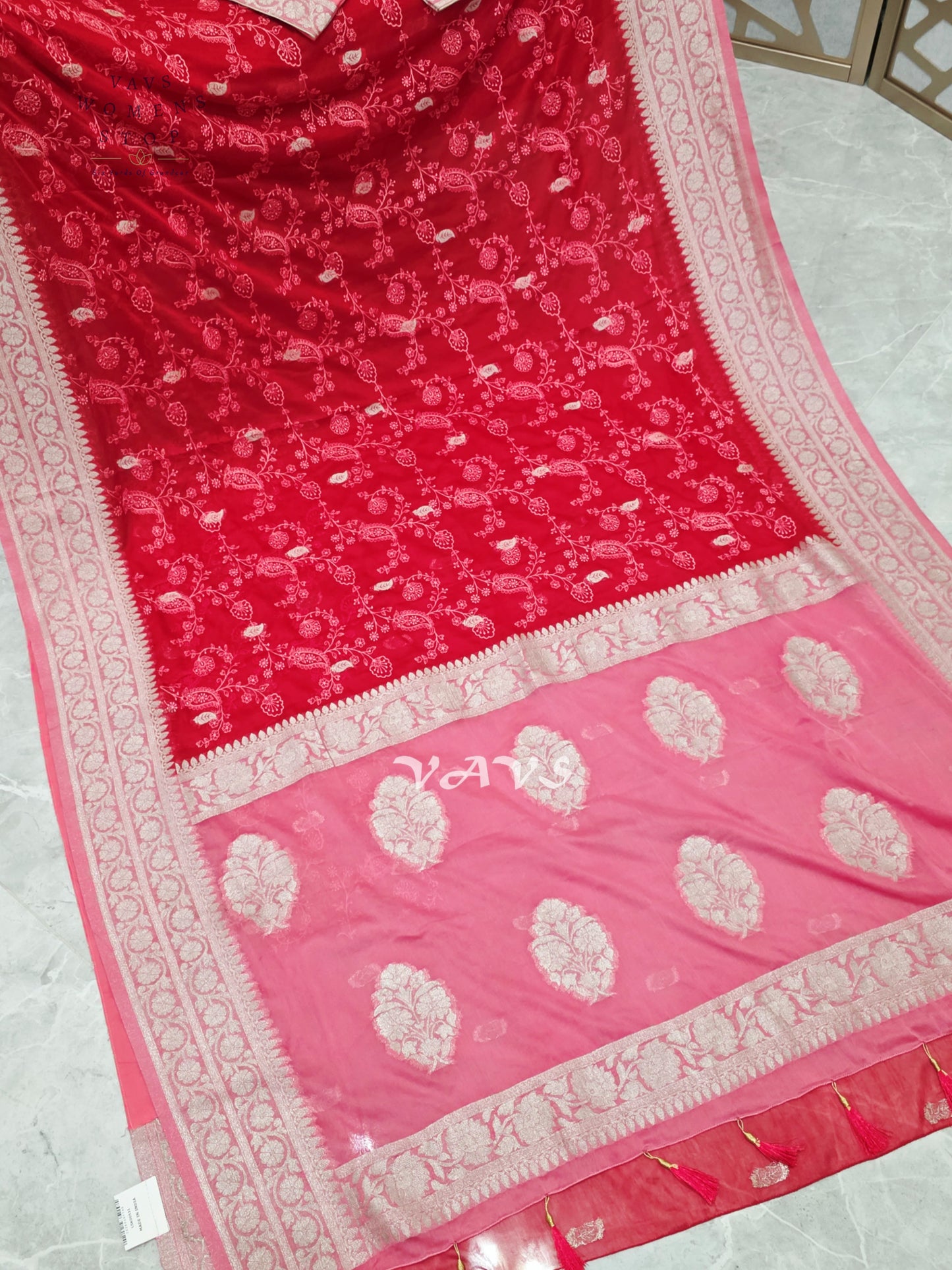 Ruby Red & Rose Pink Premium Chiffon Chikankari Saree with Stitched Blouse Size 38–44
