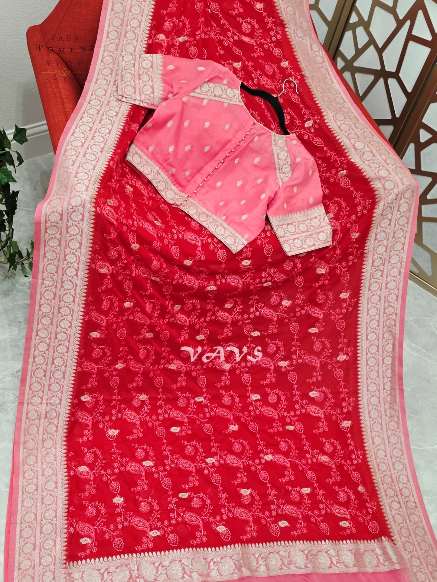 Ruby Red & Rose Pink Premium Chiffon Chikankari Saree with Stitched Blouse Size 38–44