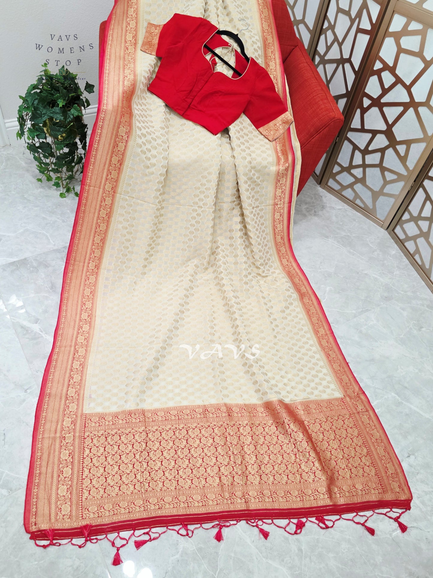 Ivory & Ruby Red Premium Viscose Georgette Saree with Gold Floral Border & Stitched Blouse Size 34–40