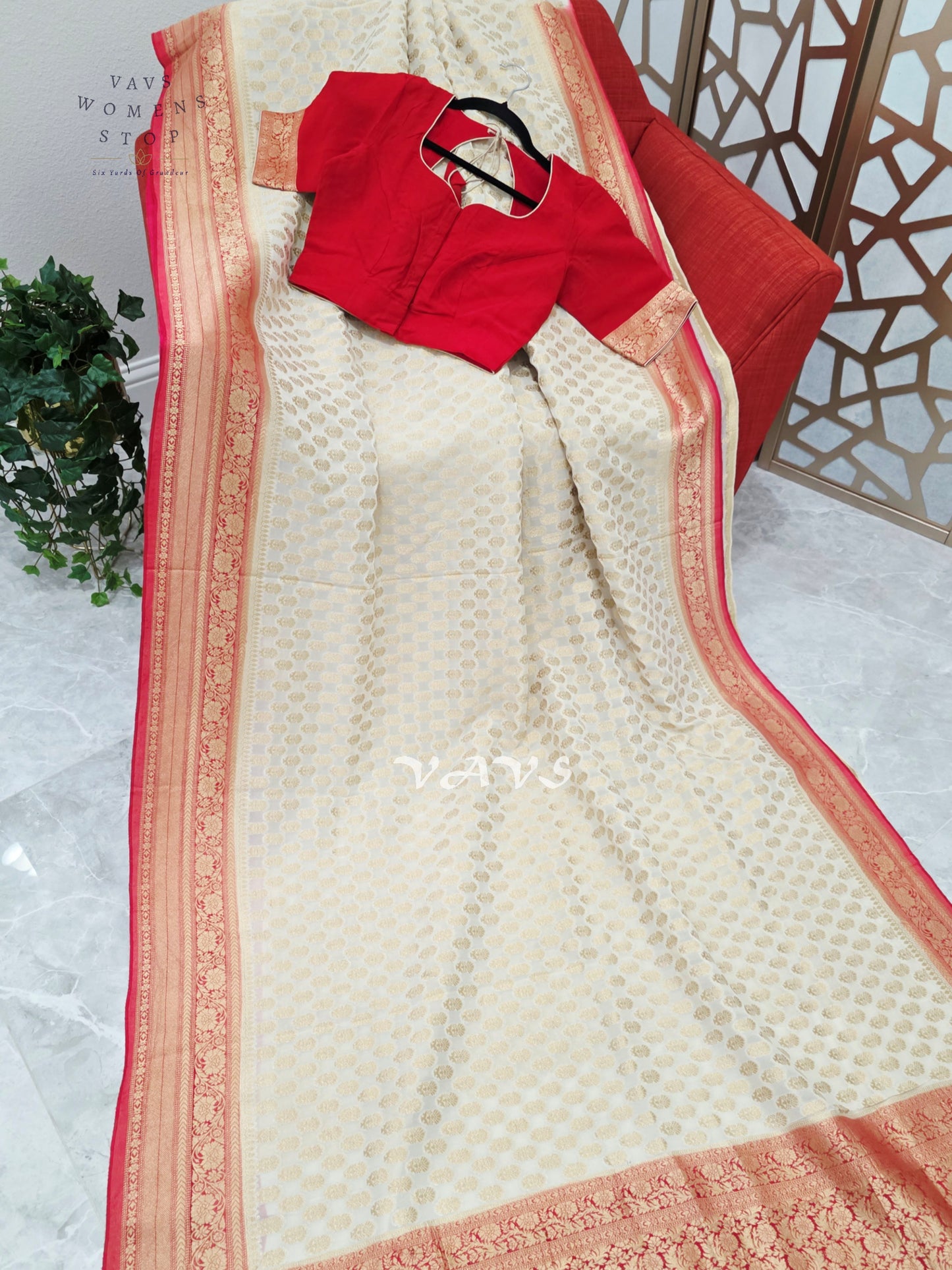 Ivory & Ruby Red Premium Viscose Georgette Saree with Gold Floral Border & Stitched Blouse Size 34–40
