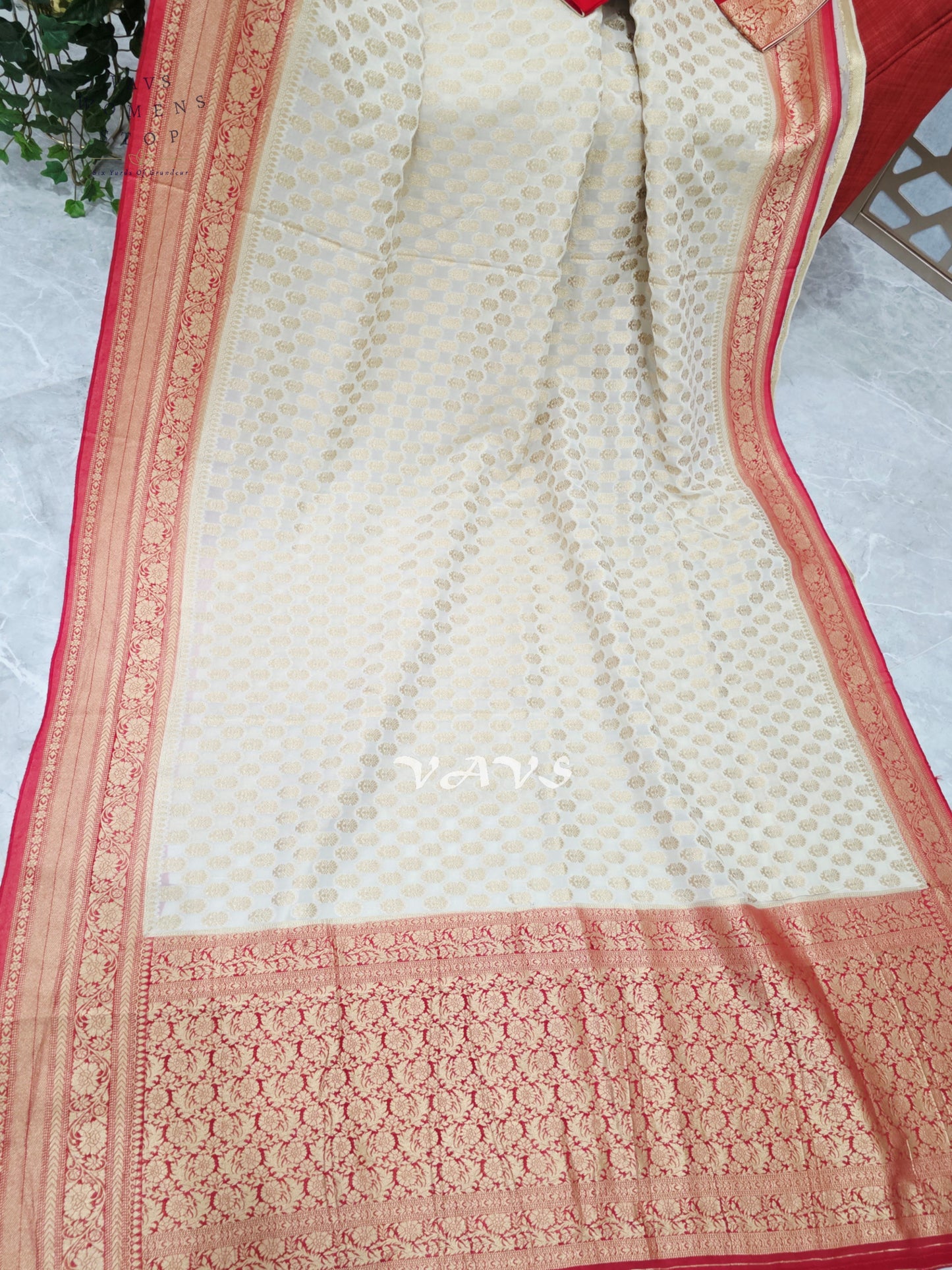Ivory & Ruby Red Premium Viscose Georgette Saree with Gold Floral Border & Stitched Blouse Size 34–40